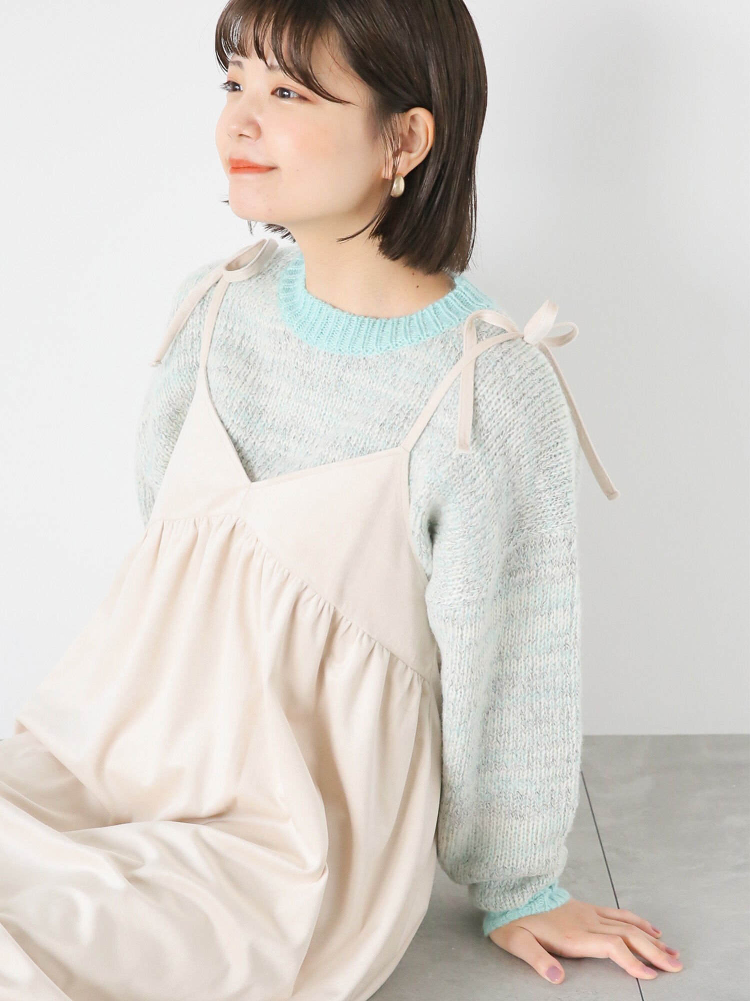 【SALE／50%OFF】ehka sopo ミックスヤーン配色クルーニット エヘカソポ トップス ニット グリーン ブルー レッドのサムネイル