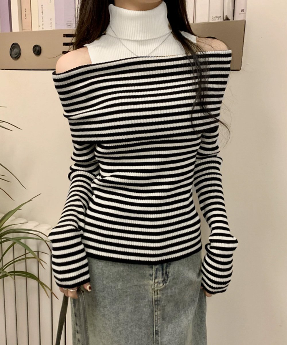miniministore 肩あきニットトップスタートルネックニット ミニミニストア トップス ニット ブラック レッド ブラウン グレー