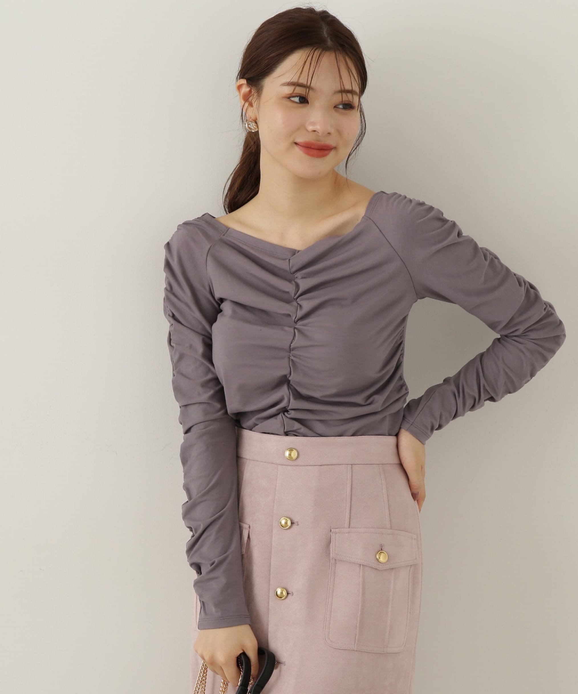 PROPORTION BODY DRESSING シャーリングロングT プロポーションボディドレッシング トップス カットソー・Tシャツ ホワイト グレー ブラック