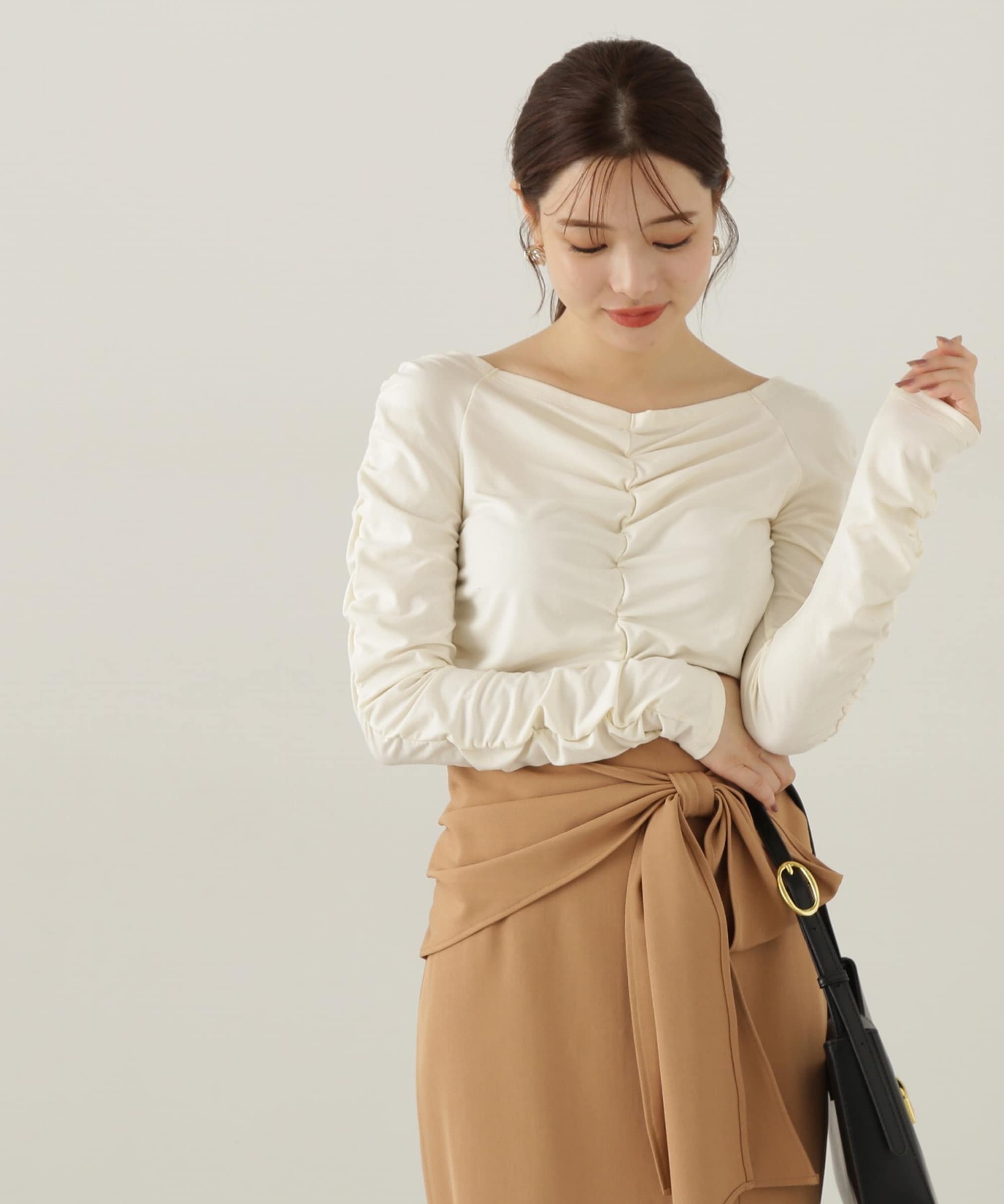 PROPORTION BODY DRESSING シャーリングロングT プロポーションボディドレッシング トップス カットソー・Tシャツ ホワイト グレー ブラック