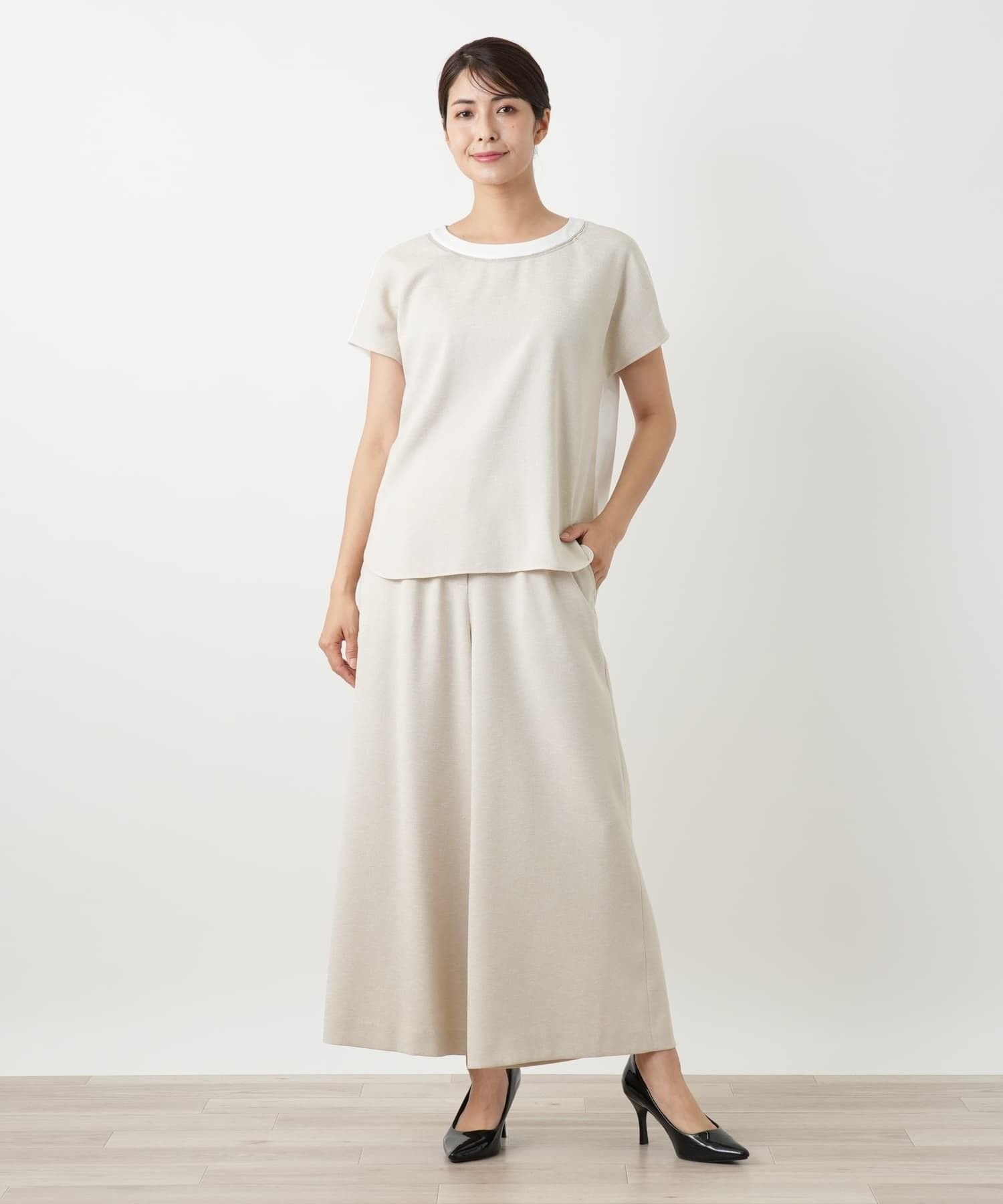 Leilian 異素材切替カットソー レリアン トップス カットソー・Tシャツ ベージュ ブルー