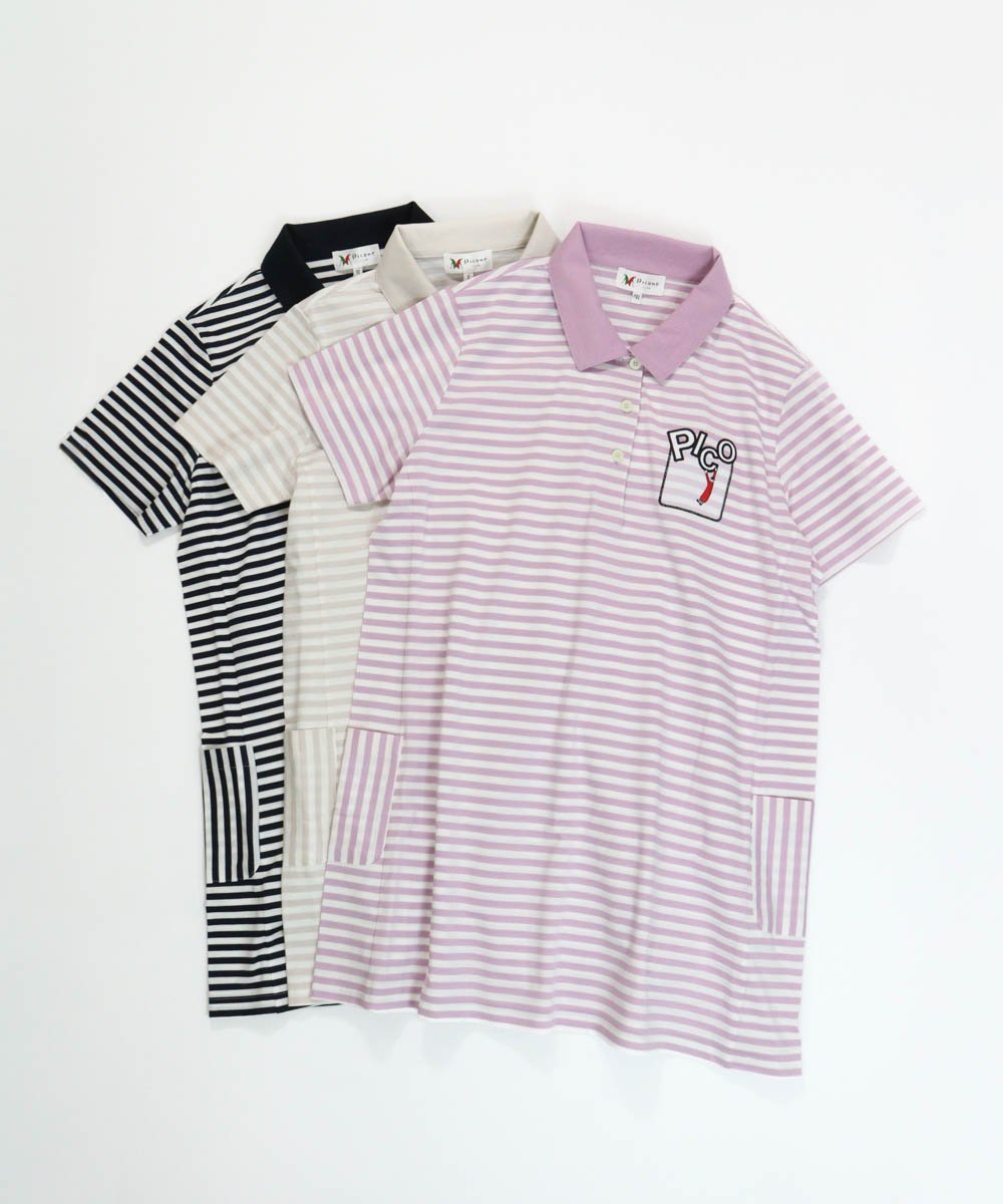 Picone Club 【ピッコーネクラブ公式】ボーダー柄冷感ポロチュニック ピッコーネクラブ トップス ポロシャツ パープル ネイビー ベージュ【送料無料】