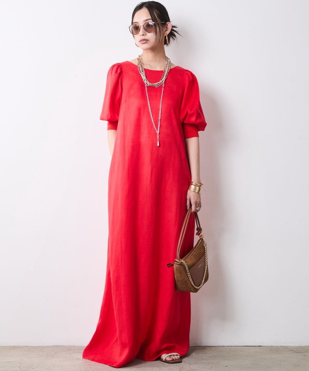 CHIC STYLE レーヨン麻パフスリーブロングワンピース＜大きいサイズ有＞シックスタイル シックスタイル ワンピース・ドレス ワンピース【送料無料】