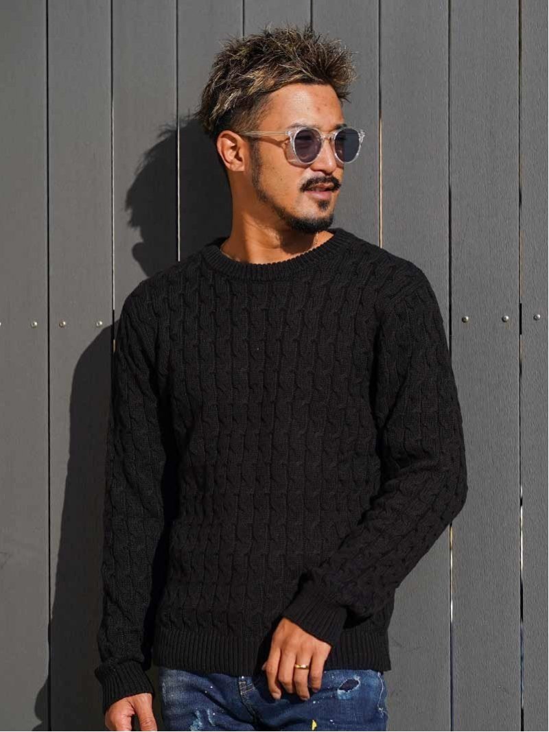 Retro Engine Retro Engine/(M)RTEG Cable round knit アダムスジャグラー トップス ニット ブラック ホワイト