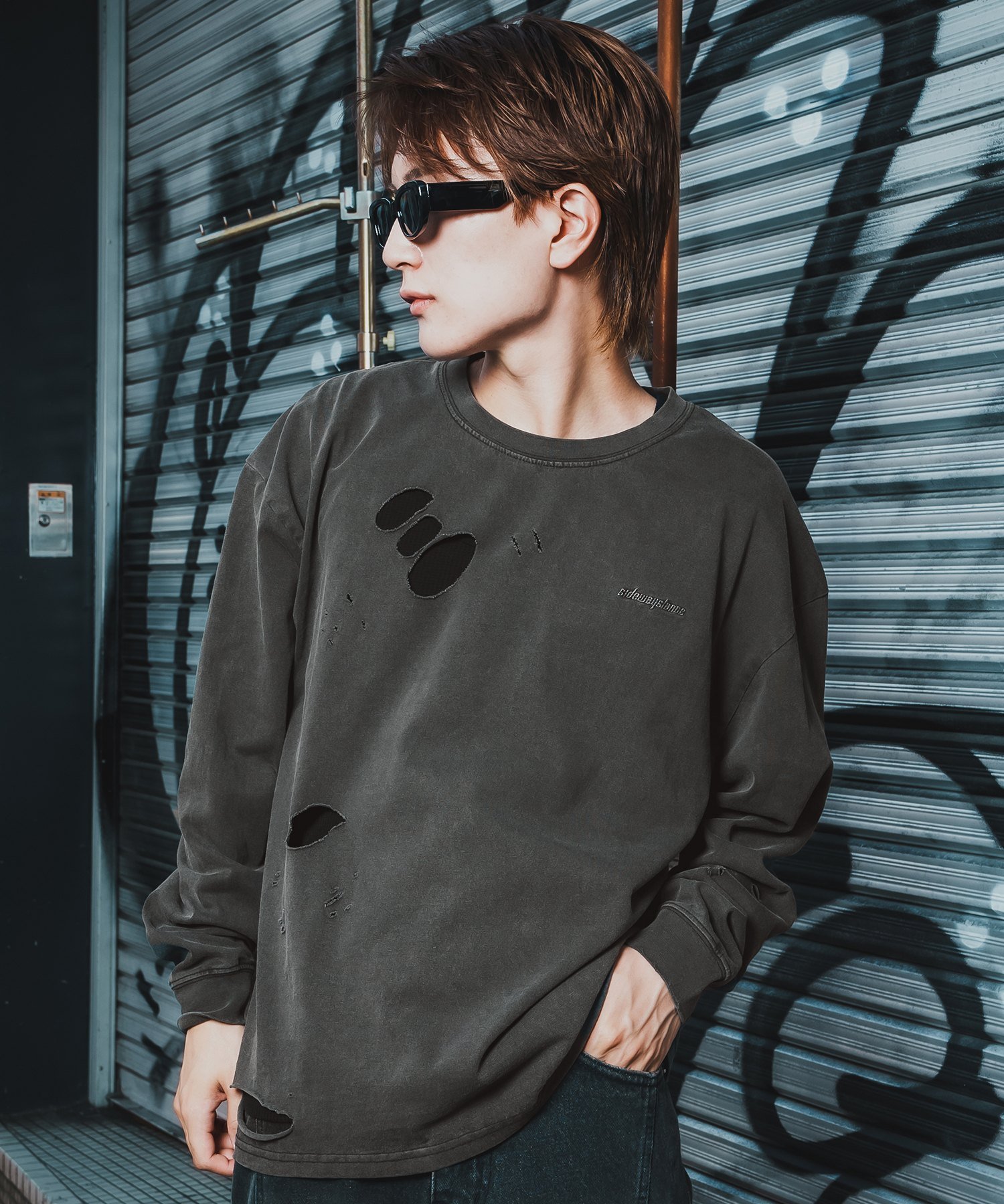 SIDEWAY STANCE SIDEWAY STANCE サイドウェイスタンス フィーチャーロゴ 長袖 グランジTシャツ インプローブス トップス カットソー・Tシャツ ブラウン ブラック【送料無料】