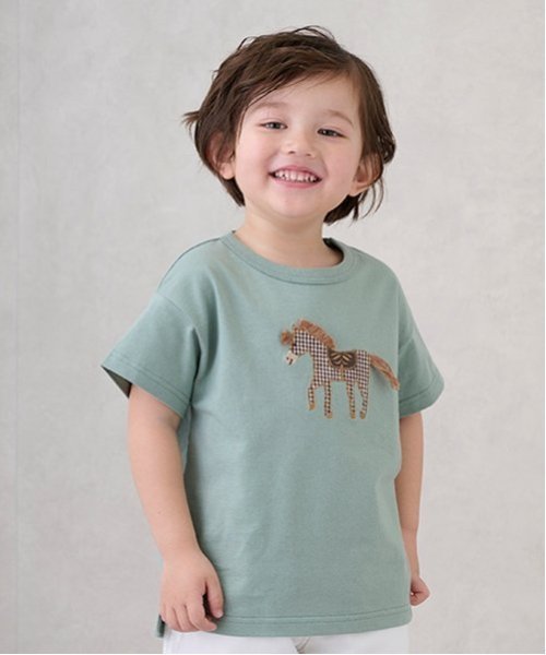【SALE／50%OFF】petit main アップリケ車・ポニー半袖Tシャツ ナルミヤオンライン トップス カットソー・Tシャツ ホワイト グリーン ネイビーのサムネイル