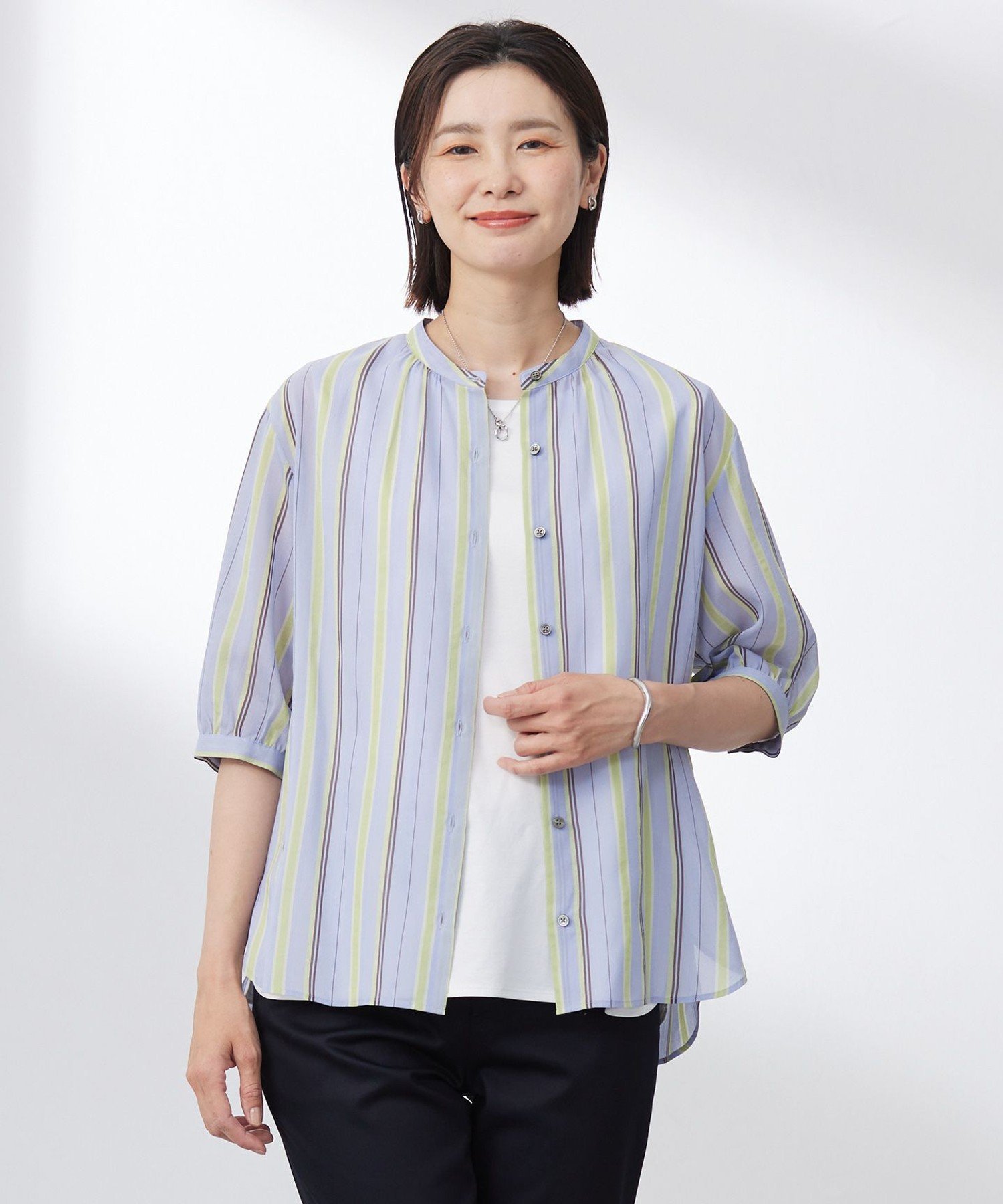 J.PRESS 【洗える】ランダムストライプ ブラウス ジェイプレス トップス シャツ・ブラウス ベージュ ネイビー ブルー