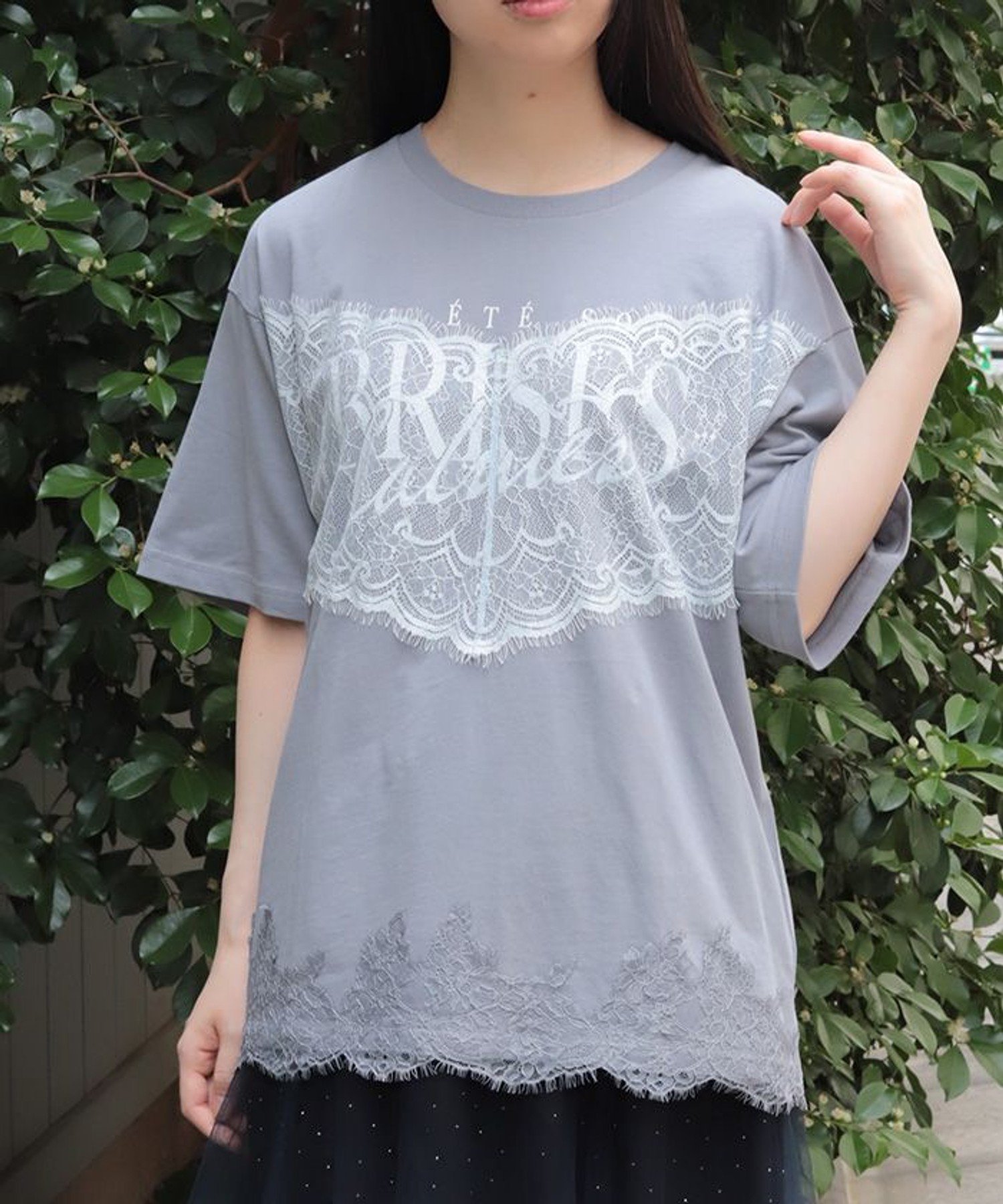 レース*ロゴビッグTシャツ アクシーズファム トップス カットソー・Tシャツ グレー ホワイト