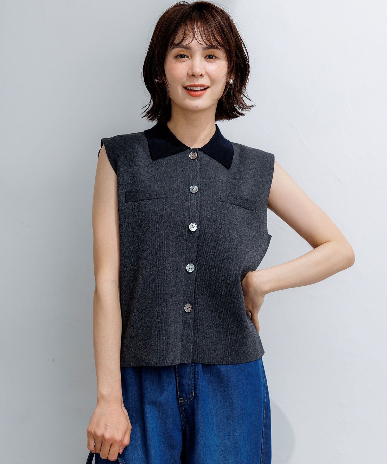 組曲 L 【WEB限定】ライトスポンディッシュ ポロ襟ニット クミキョク トップス ニット ネイビー ブラック