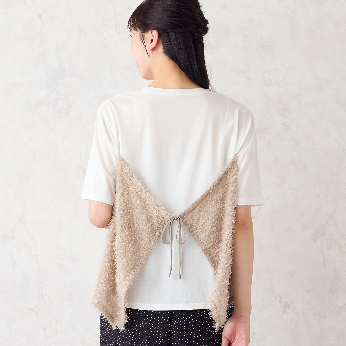 missel 【洗える・M~3Lサイズ】シャギービスチェ風Tシャツ ミゼール トップス カットソー・Tシャツ ホワイト グレー