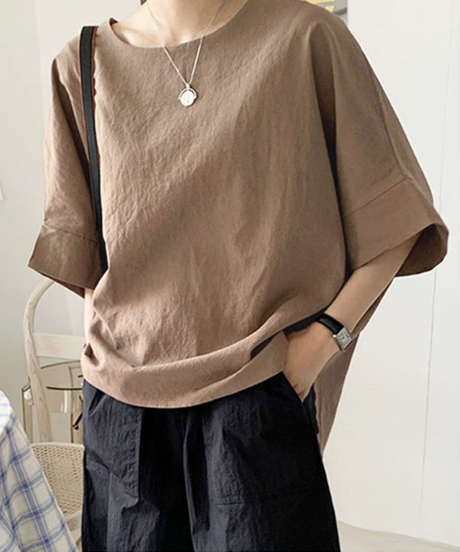 【SALE／44%OFF】Amulet 半袖ボリュームスリーブチュニック アミュレット トップス カットソー・Tシャツ ブラウン ホワイトのサムネイル