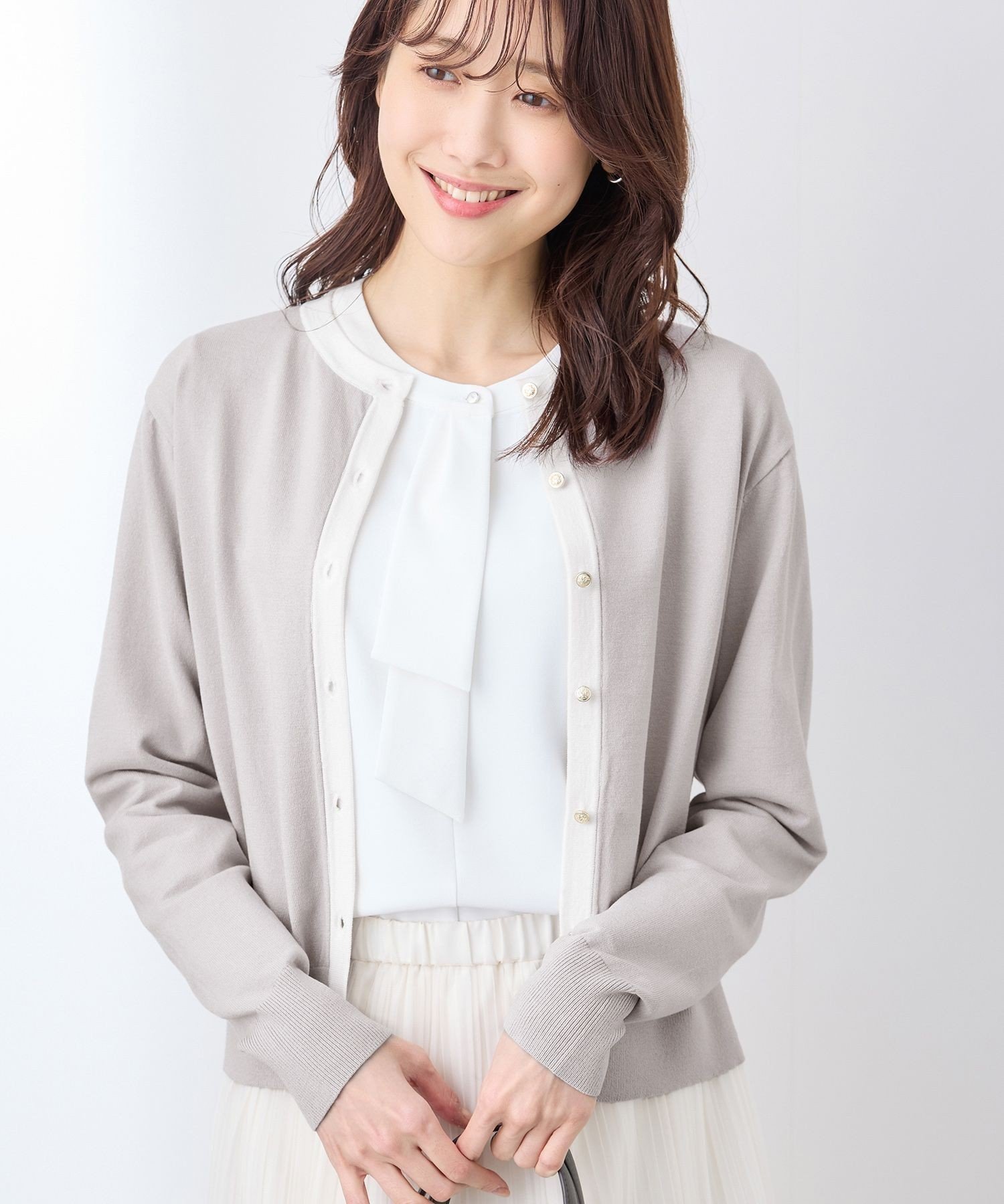 ROPE' PICNIC ライン入りクルーネックニットカーディガン/アンチピリング・洗濯機OK ロペピクニック トップス カーディガン グレー ホワイト ネイビー【送料無料】のサムネイル