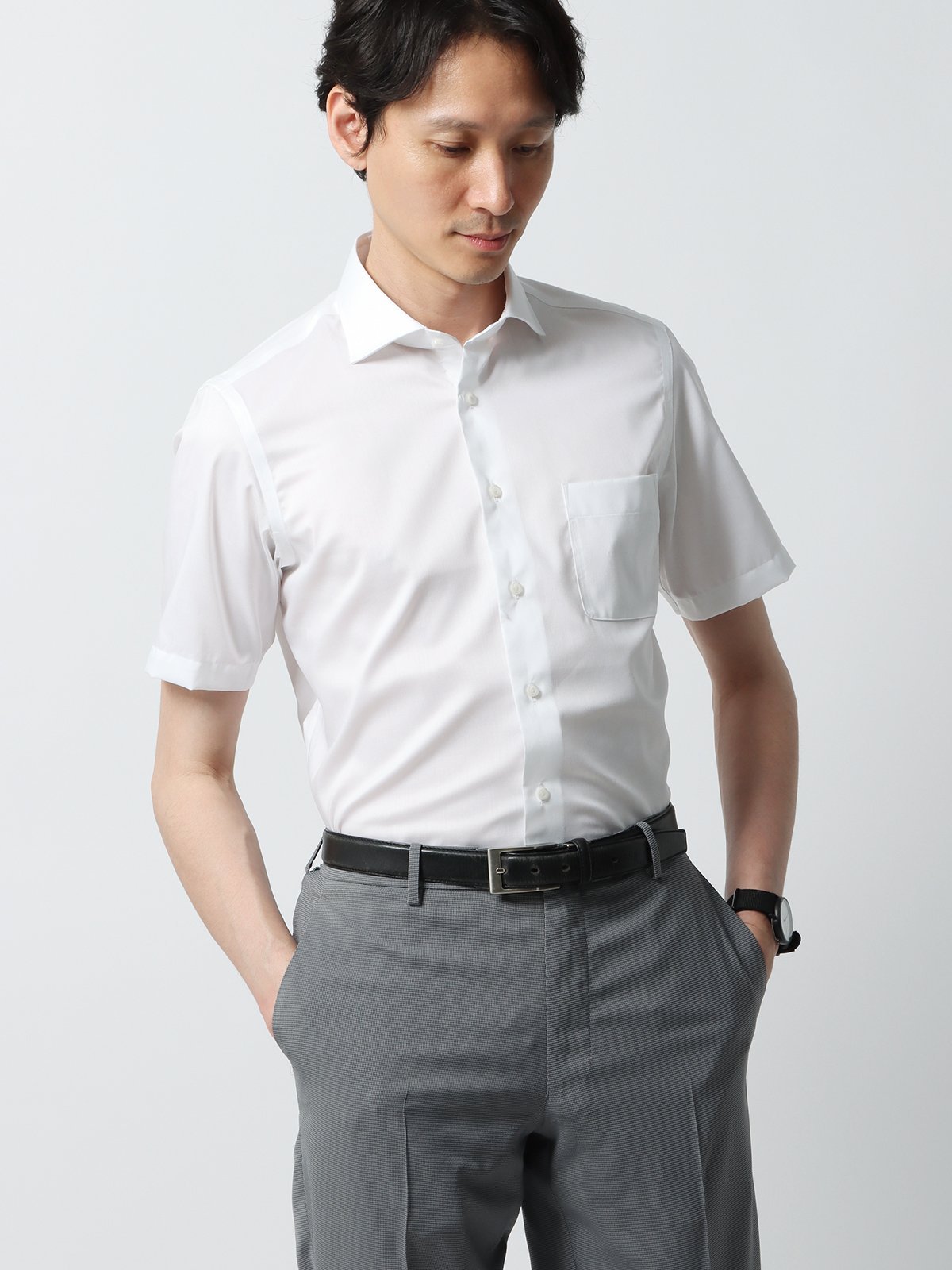 SUIT SQUARE WEB限定 ワイシャツ 半袖 ノンアイロンストレッチ COOL MAX ドレスシャツ スーツ スクエア スーツ・フォーマル Yシャツ・カッターシャツ ホワイト【送料無料】