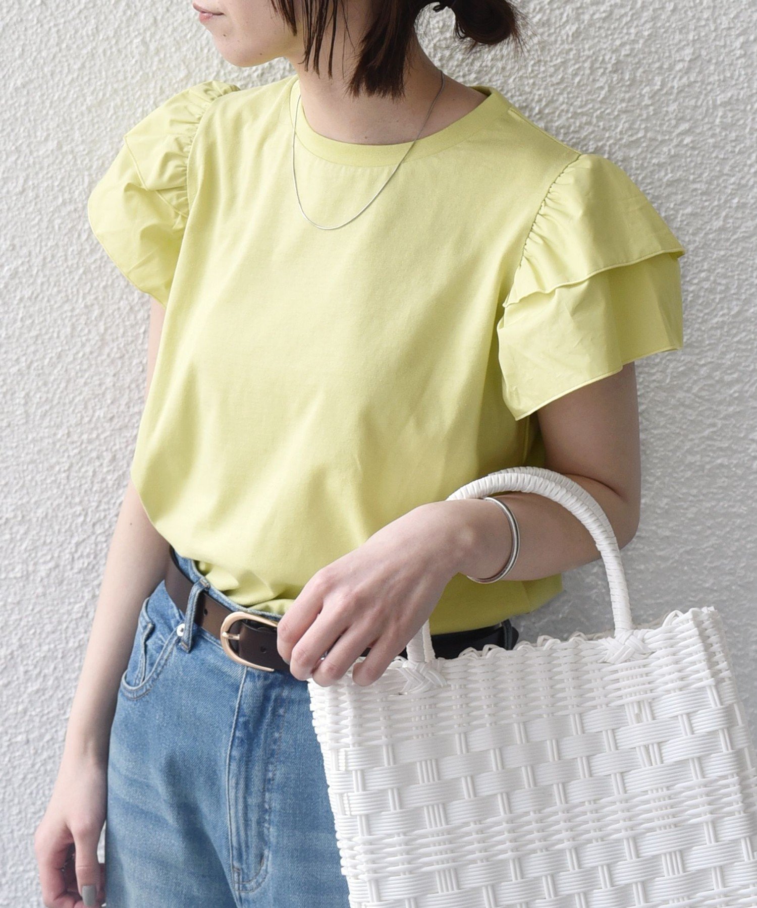 【WEB限定】SHIPS Colors:＜手洗い可能＞異素材 フリルスリーブ カットソー◇ シップス トップス カットソー・Tシャツ イエロー ホワイト ブラック