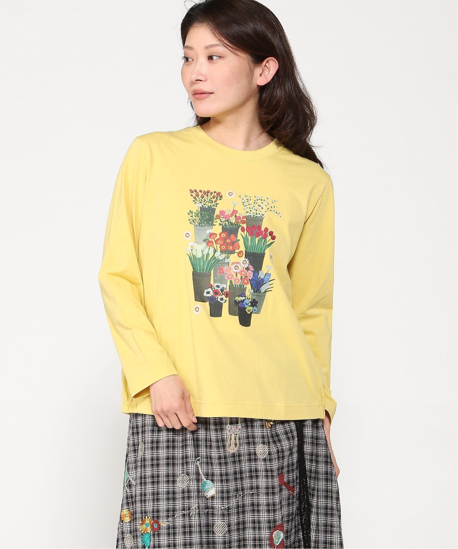 SUPER HAKKA SUPER HAKKA×マツモトヨーコ 「春がたくさん」プリント+刺繍カットソー スーパーハッカ トップス カットソー・Tシャツ ブルー イエロー