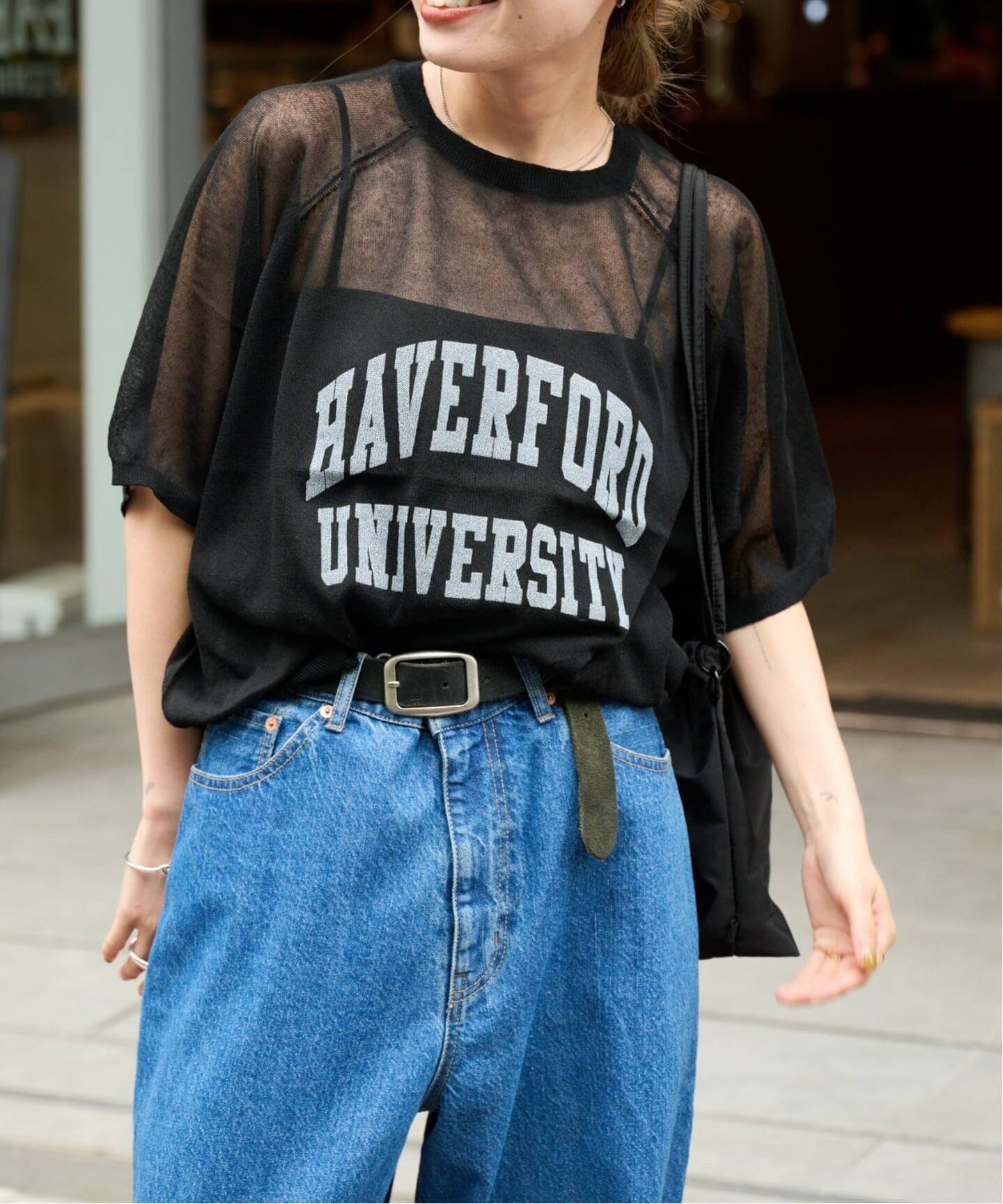 シアーニットプリントTEE アウトドアプロダクツユージュアルシングス トップス カットソー・Tシャツ ブラック グレー ベージュ