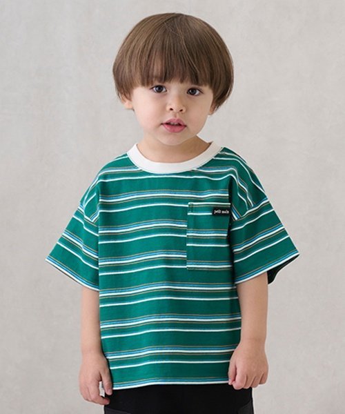 petit main 【防汚加工】マルチボーダー半袖Tシャツ ナルミヤオンライン トップス カットソー・Tシャツ ベージュ グリーンのサムネイル