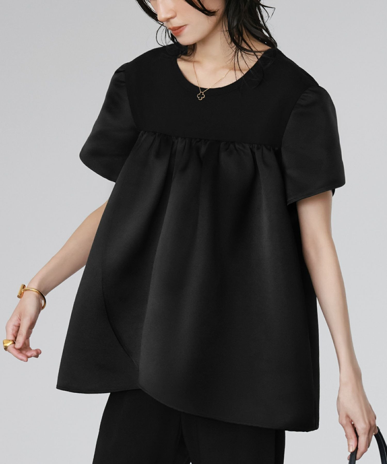 ELFRANK 2WAY異素材ドッキングチューリップスリーブトップス【洗える】 ガール トップス カットソー・Tシャツ ブラック ホワイト【送料無料】