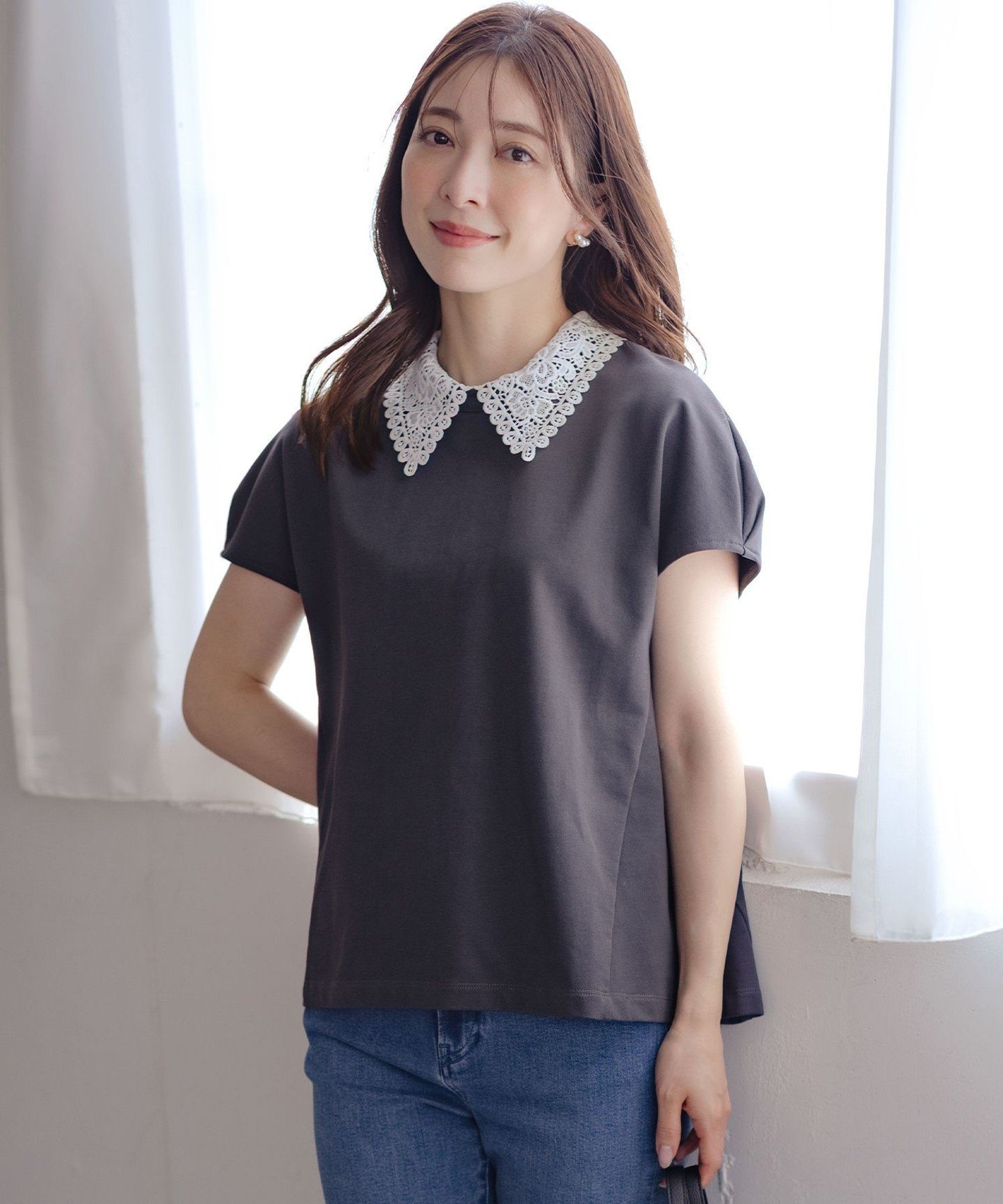 組曲 【2WAY】レース襟フレンチテリー カットソー クミキョク トップス カットソー・Tシャツ グレー ブラック ホワイト