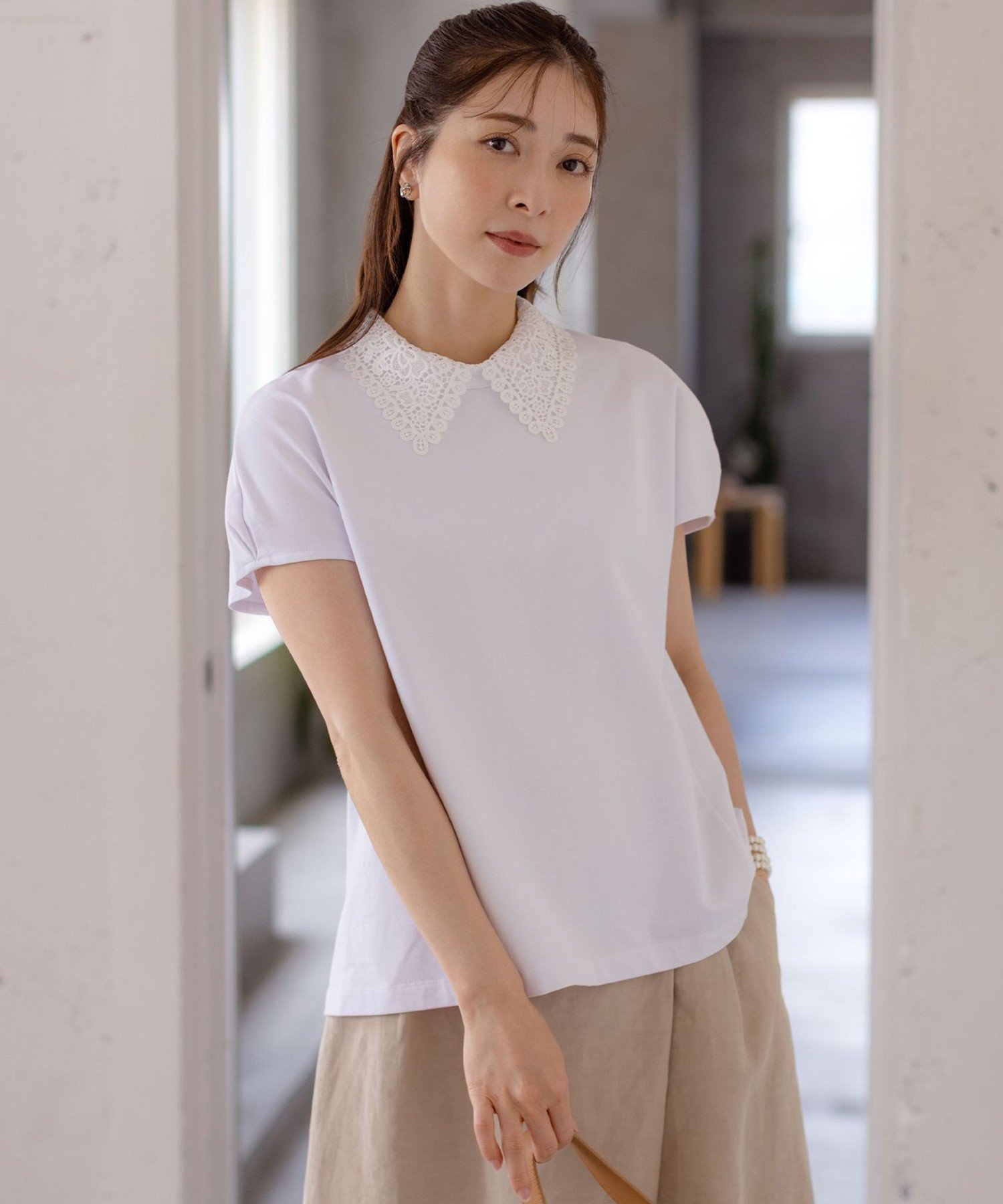 組曲 【2WAY】レース襟フレンチテリー カットソー クミキョク トップス カットソー・Tシャツ グレー ブラック ホワイト