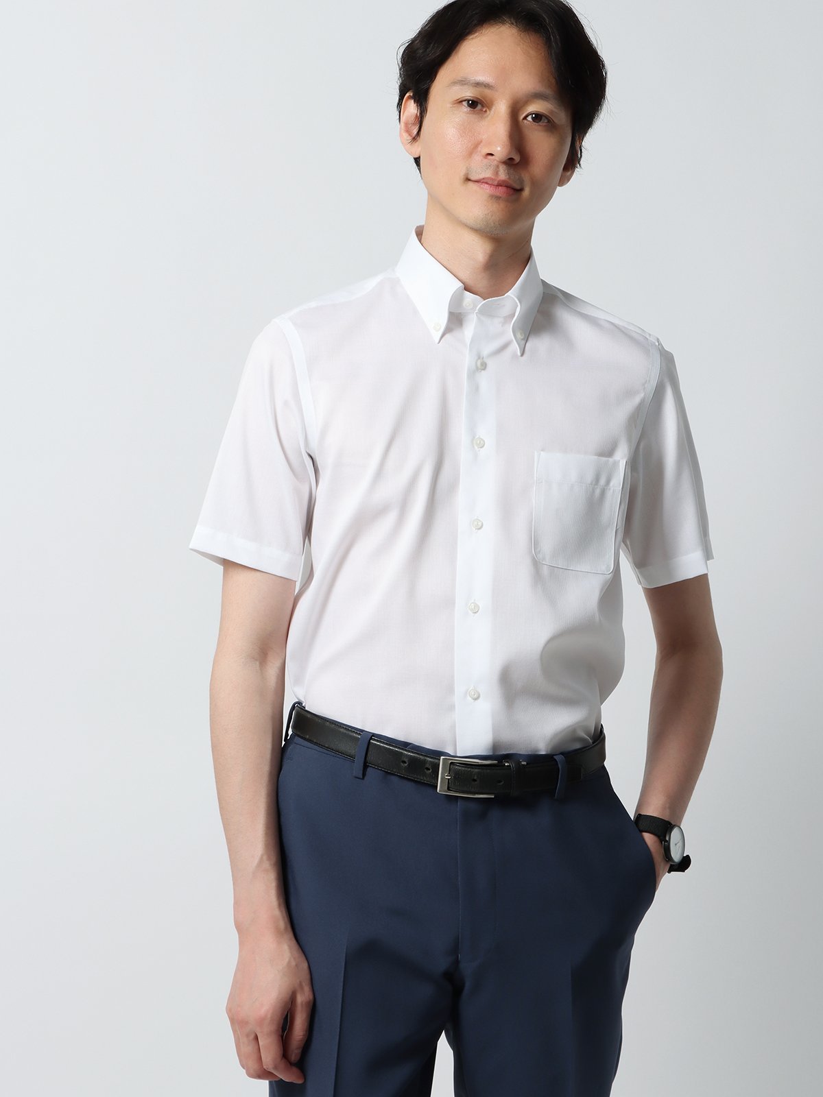 SUIT SQUARE ワイシャツ 半袖 ノンアイロンストレッチ COOL MAX ボタンダウン スーツ スクエア スーツ・フォーマル Yシャツ・カッターシャツ ホワイト【送料無料】