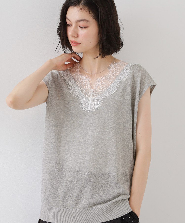 THE SHOP TK ほんのりきらめく レース切り替え スパークシアーニット ザ ショップ ティーケー トップス ニット ブラック ベージュ