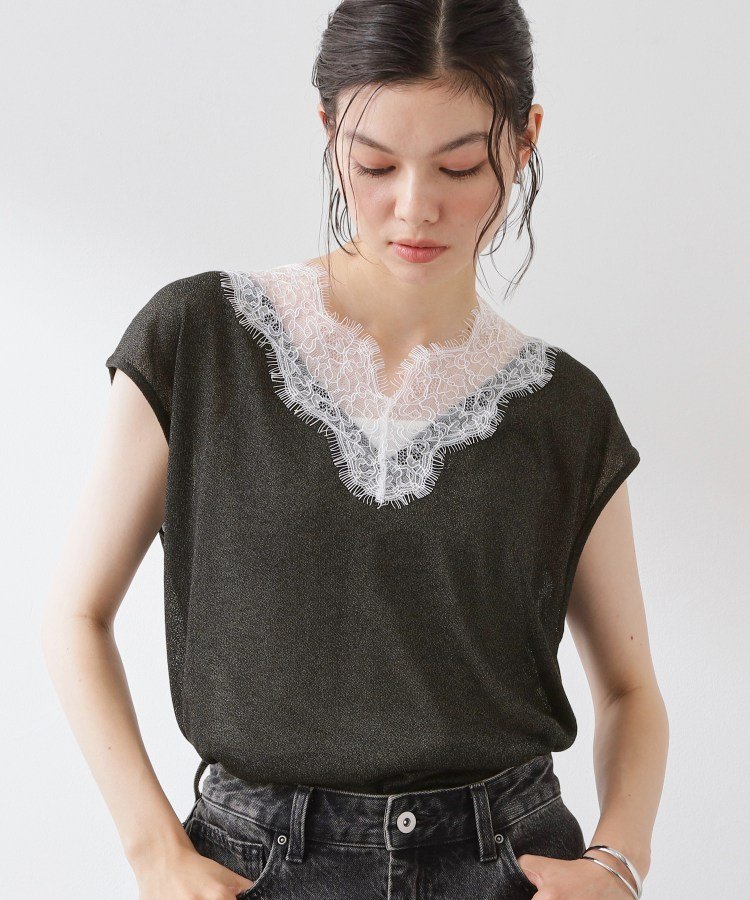 THE SHOP TK ほんのりきらめく レース切り替え スパークシアーニット ザ ショップ ティーケー トップス ニット ブラック ベージュ