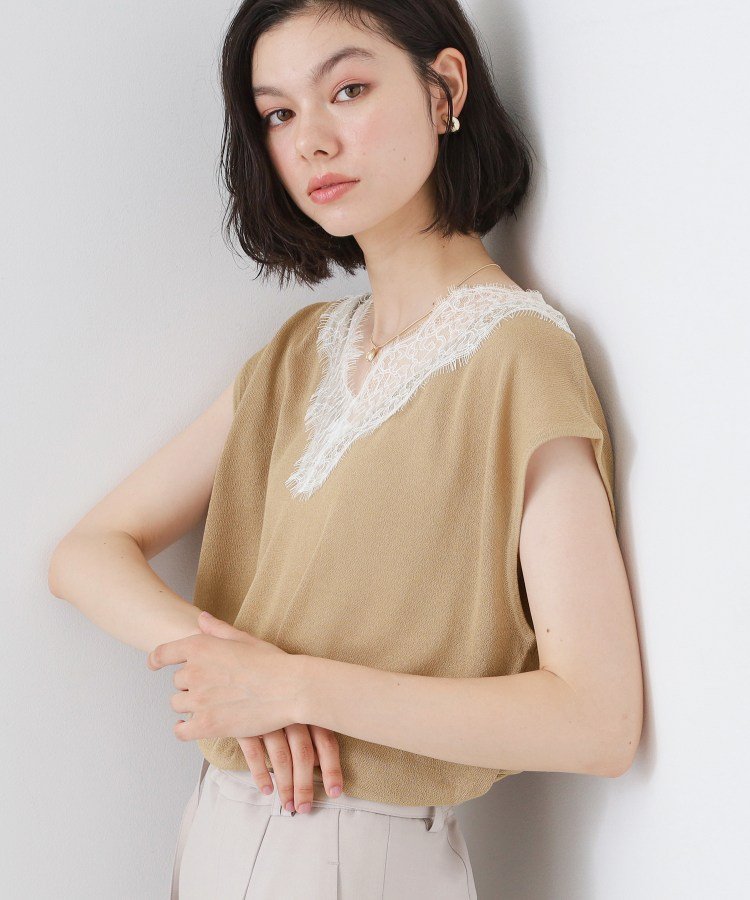 THE SHOP TK ほんのりきらめく レース切り替え スパークシアーニット ザ ショップ ティーケー トップス ニット ブラック ベージュ