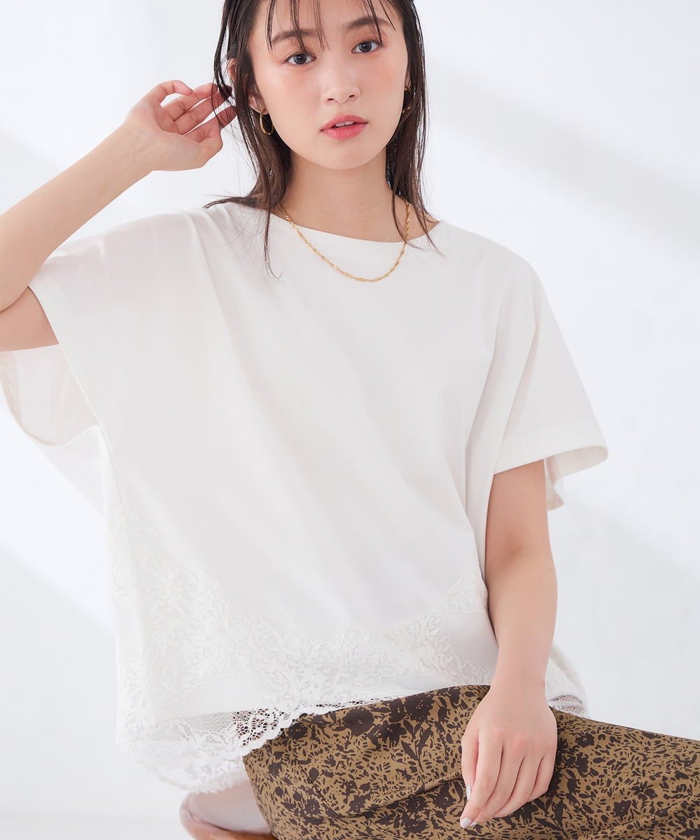 ウェーブレースヘムTシャツ アー・ヴェ・ヴェ トップス カットソー・Tシャツ ブラック ブラウン ホワイト