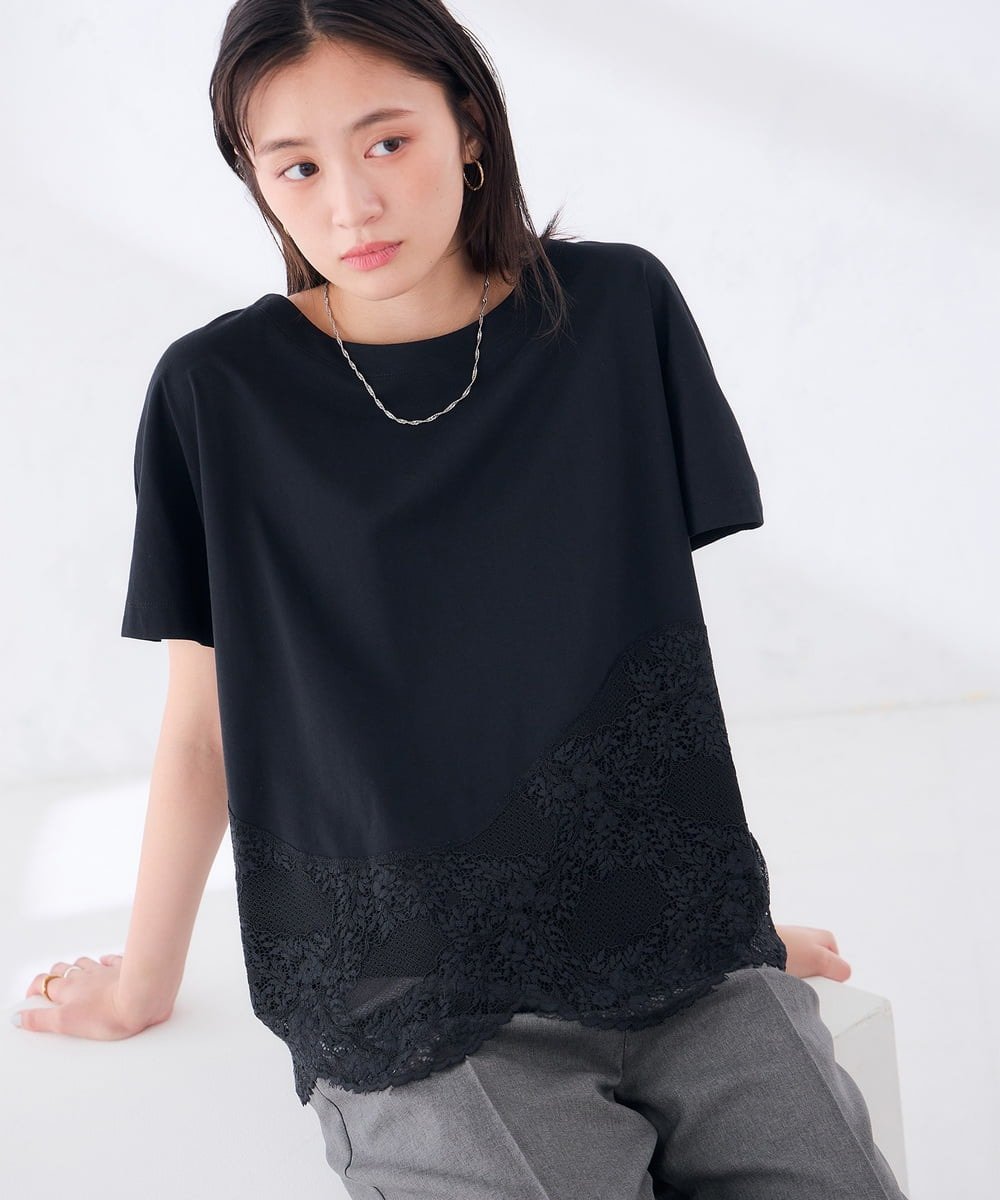 ウェーブレースヘムTシャツ アー・ヴェ・ヴェ トップス カットソー・Tシャツ ブラック ブラウン ホワイト