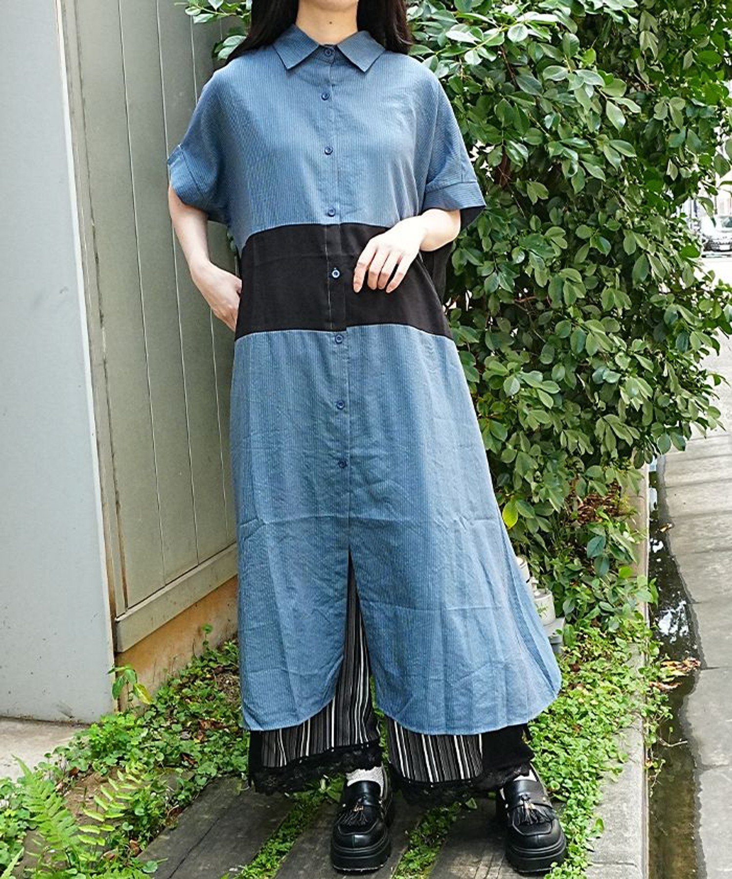 axes femme 配色ロングシャツワンピース アクシーズファム ワンピース・ドレス ワンピース ブルー グレー【送料無料】