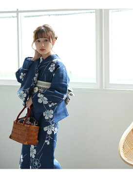 utatane utatane/(W)浴衣3点セット 注染 藍色に白とターコイズの撫子 ウタタネ ビジネス/フォーマル 着物/浴衣 ネイビー【送料無料】