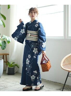 utatane utatane/(W)浴衣3点セット 注染 藍色に白とターコイズの撫子 ウタタネ ビジネス/フォーマル 着物/浴衣 ネイビー【送料無料】