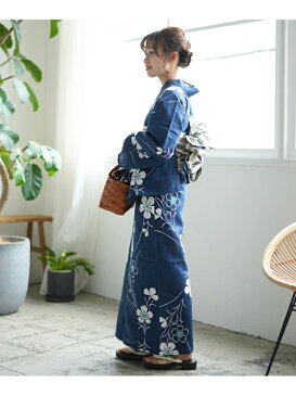 utatane utatane/(W)浴衣3点セット 注染 藍色に白とターコイズの撫子 ウタタネ ビジネス/フォーマル 着物/浴衣 ネイビー【送料無料】