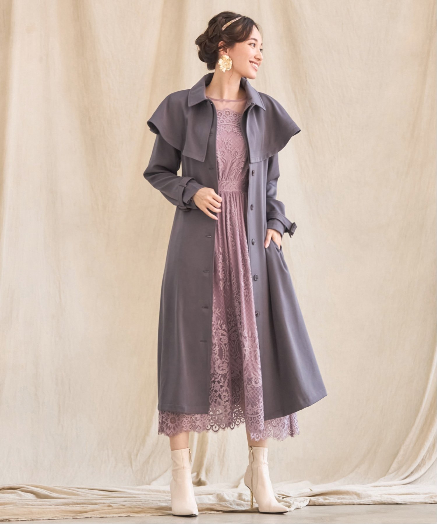 【SALE／32%OFF】DRESS+ トレンチコート ロングコート ケープ 膝下丈 2way ドレスプラス ジャケット・アウター トレンチコート グレー ピンク ベージュ グリーン【送料無料】のサムネイル