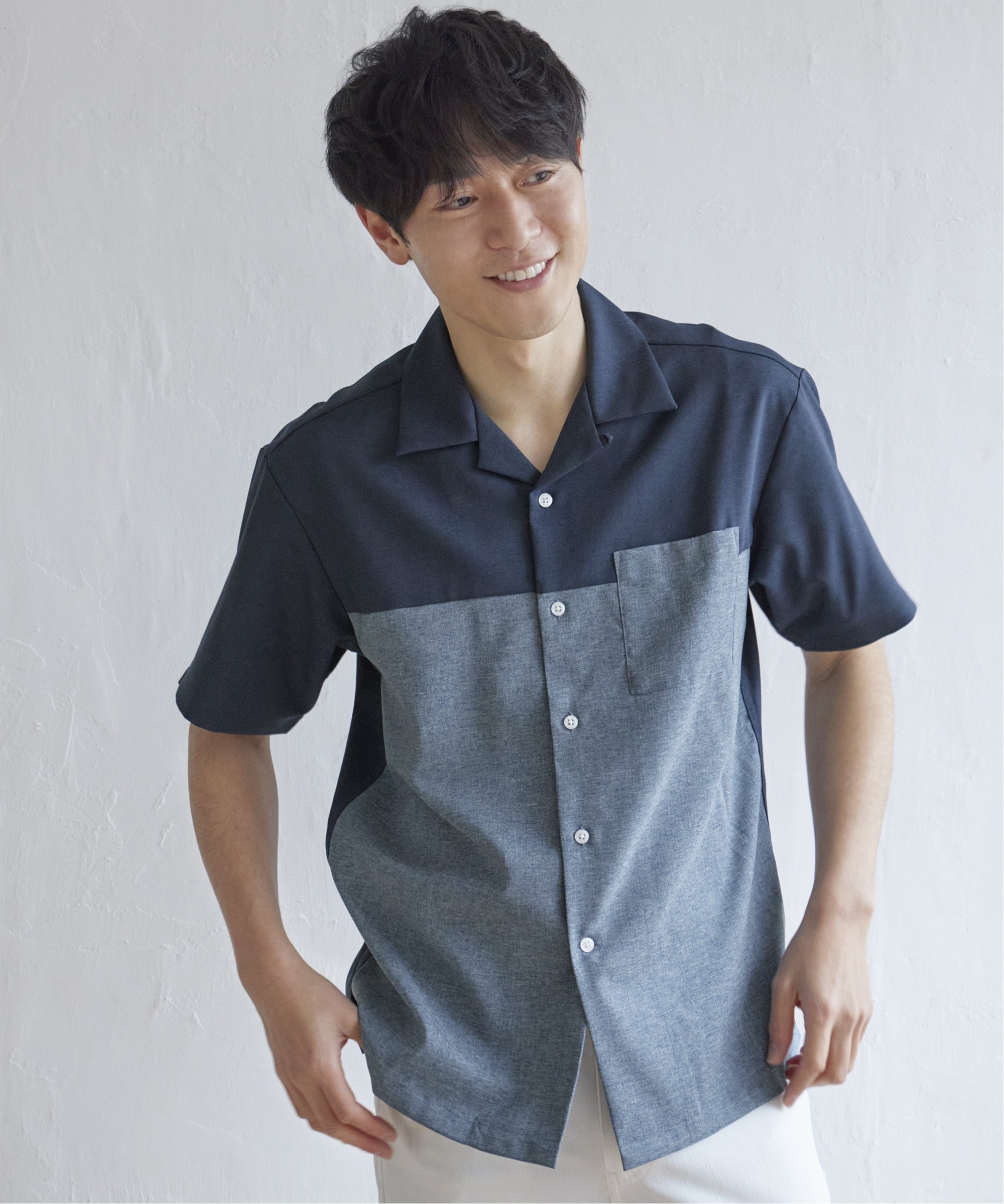 【SALE／20 OFF】ikka バイカラーオープンカラーシャツ イッカ トップス シャツ ブラウス ブルー グレー グリーン