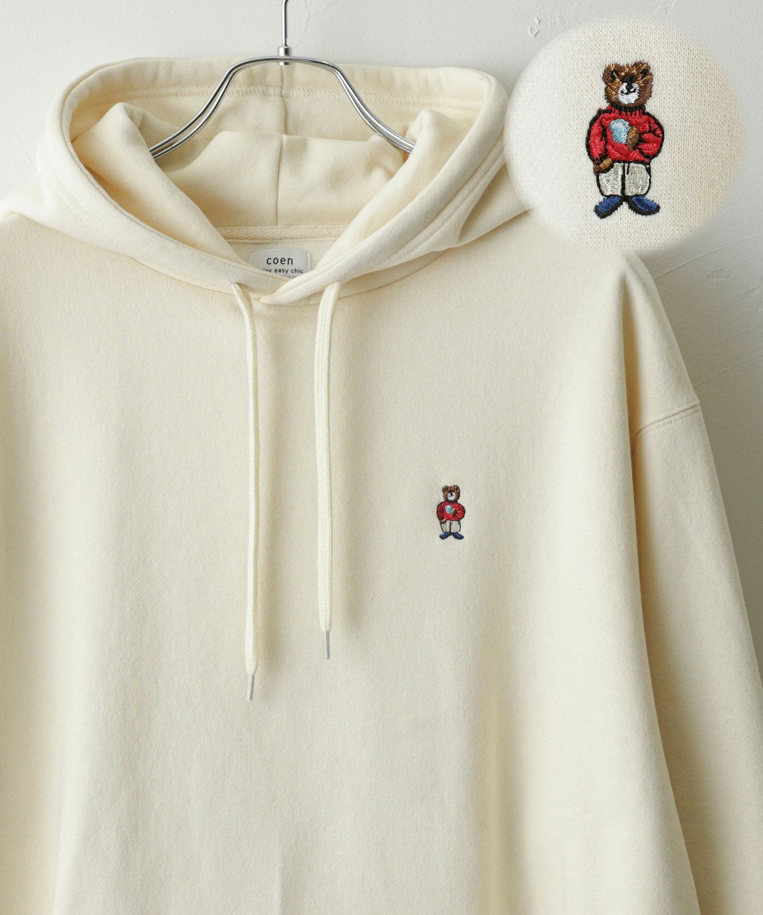 coen ワンポイントベア刺繍裏起毛パーカー コーエン トップス パーカー・フーディー ホワイト ブラック グレー グリーンのサムネイル