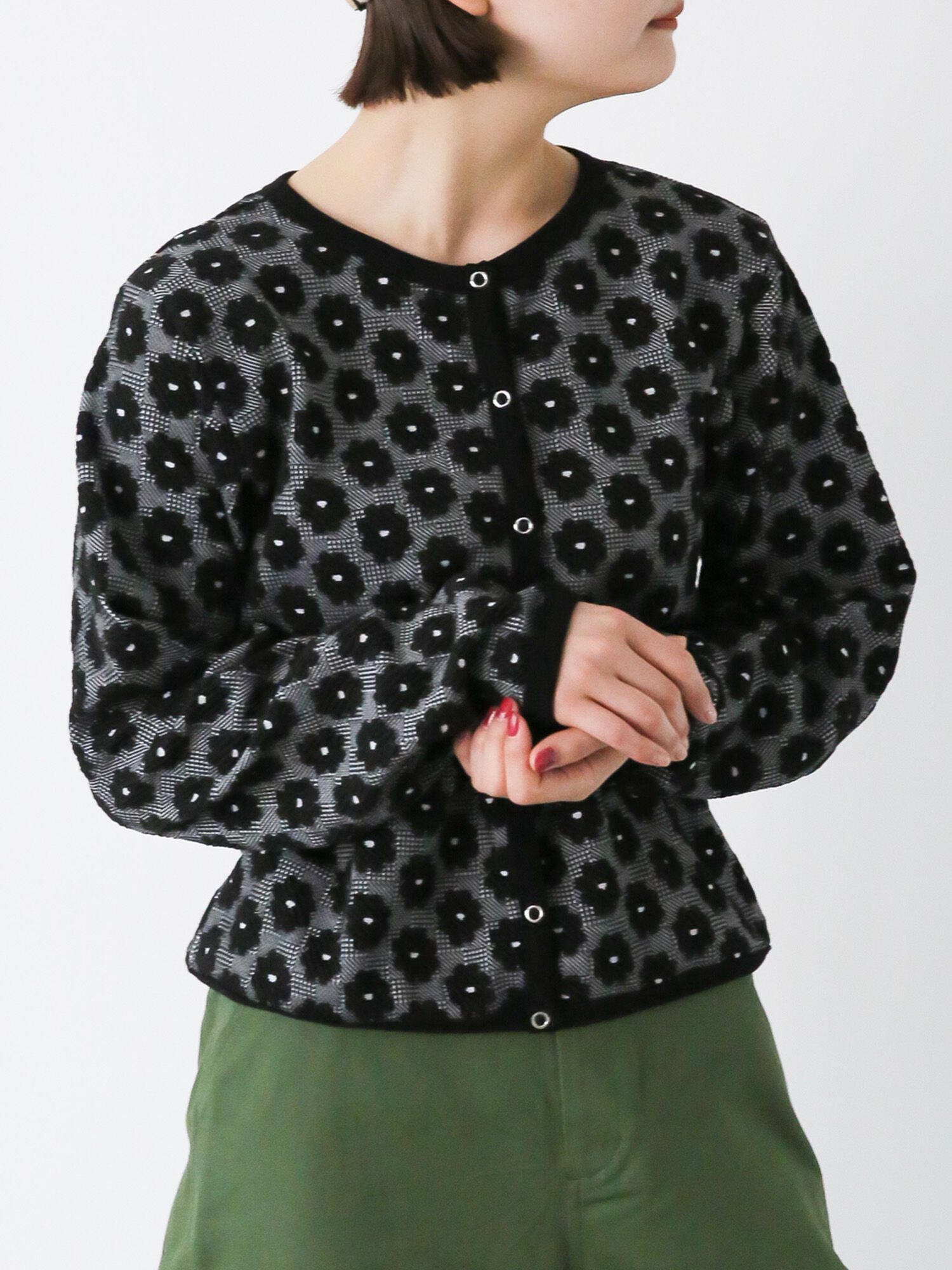 【SALE／50%OFF】ehka sopo 花膨れジャカードリングドットカーディガン エヘカソポ トップス カーディガン ブラック グリーン ブルーのサムネイル