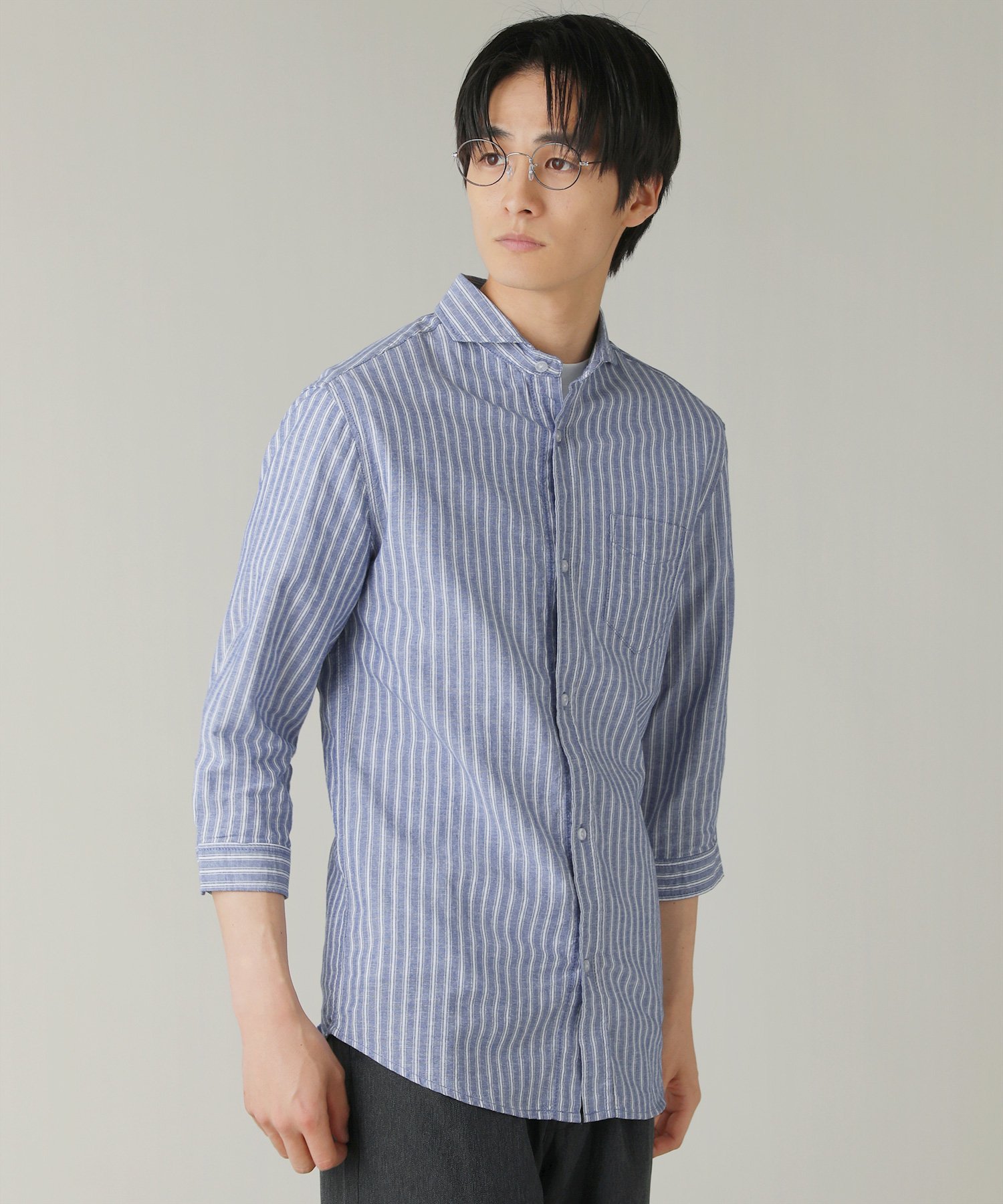 THE CASUAL 綿麻ホリゾンタルカラー7分袖シャツ カジュアル トップス シャツ・ブラウス ホワイト ネイビー ブルー グレー