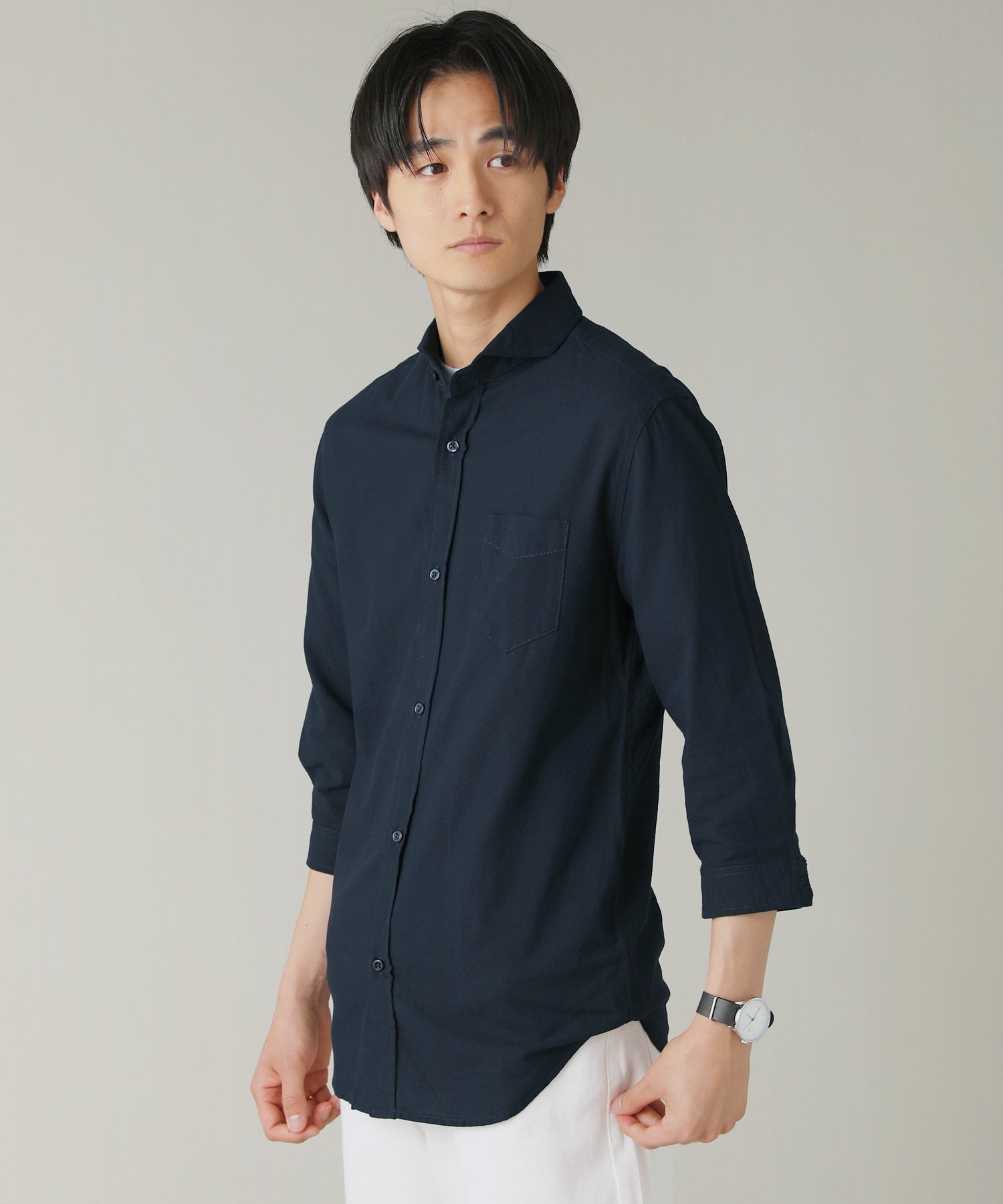 THE CASUAL 綿麻ホリゾンタルカラー7分袖シャツ カジュアル トップス シャツ・ブラウス ホワイト ネイビー ブルー グレー