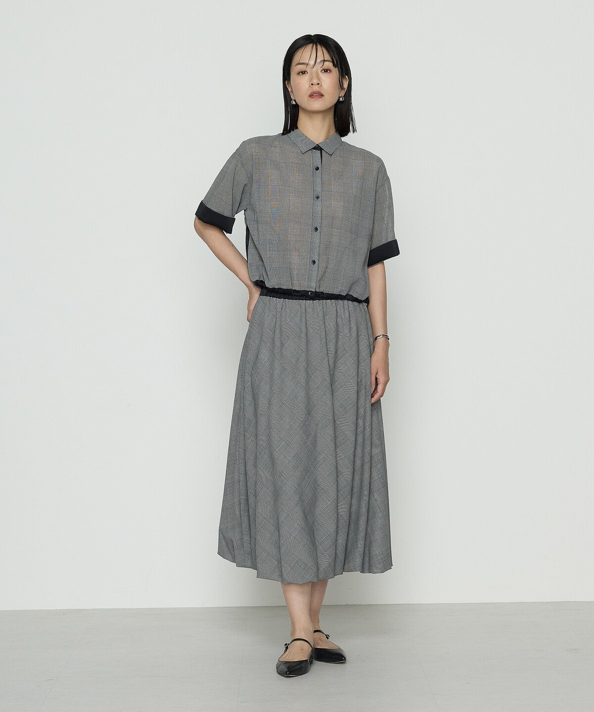 K.T KIYOKO TAKASE シアーグレンチェック ブラウジングヘムシャツ コムサ トップス シャツ・ブラウス ブラック