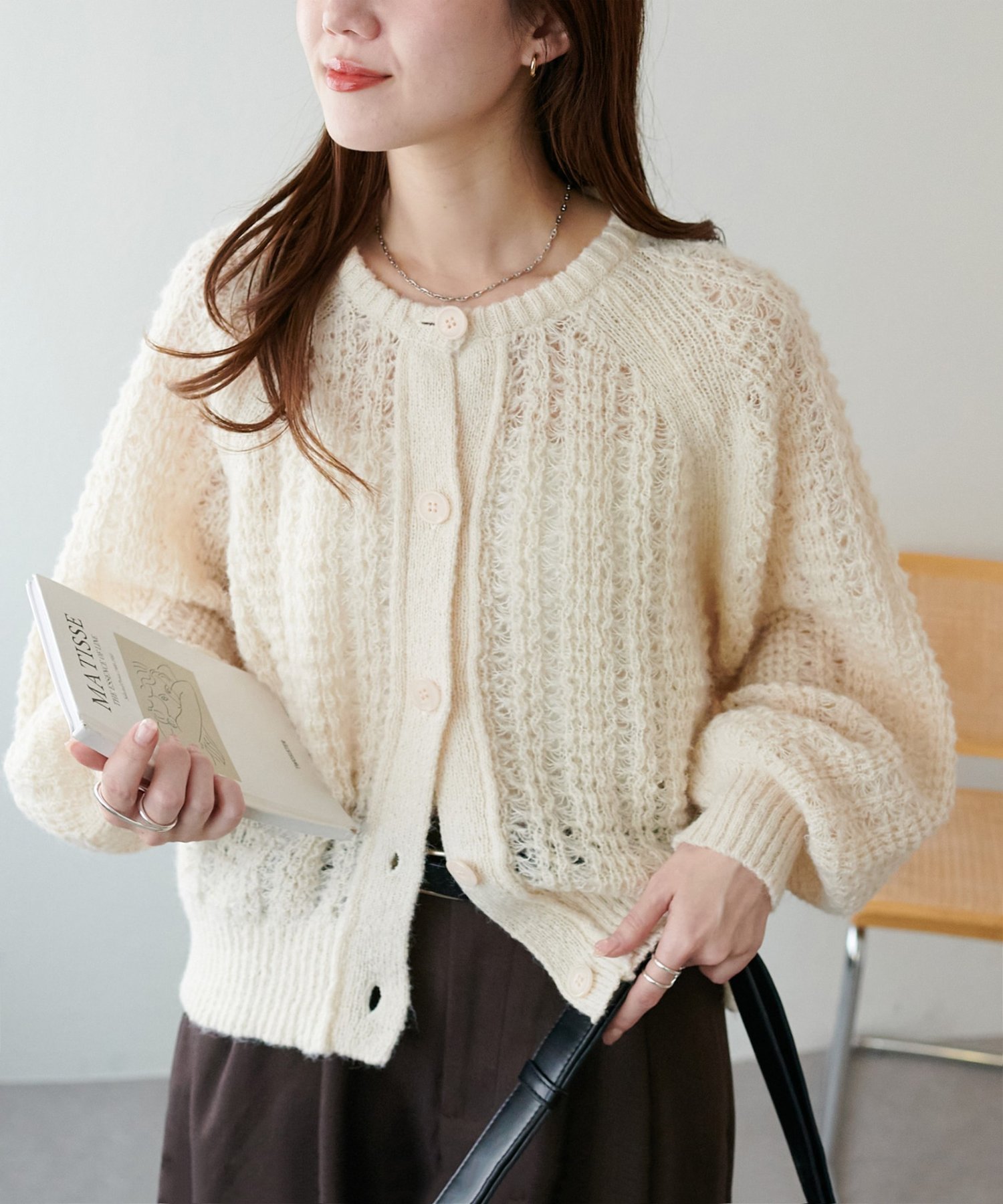 Discoat モヘアタッチスカシカーディガン ディスコート トップス カーディガン ホワイト グレー レッド【送料無料】