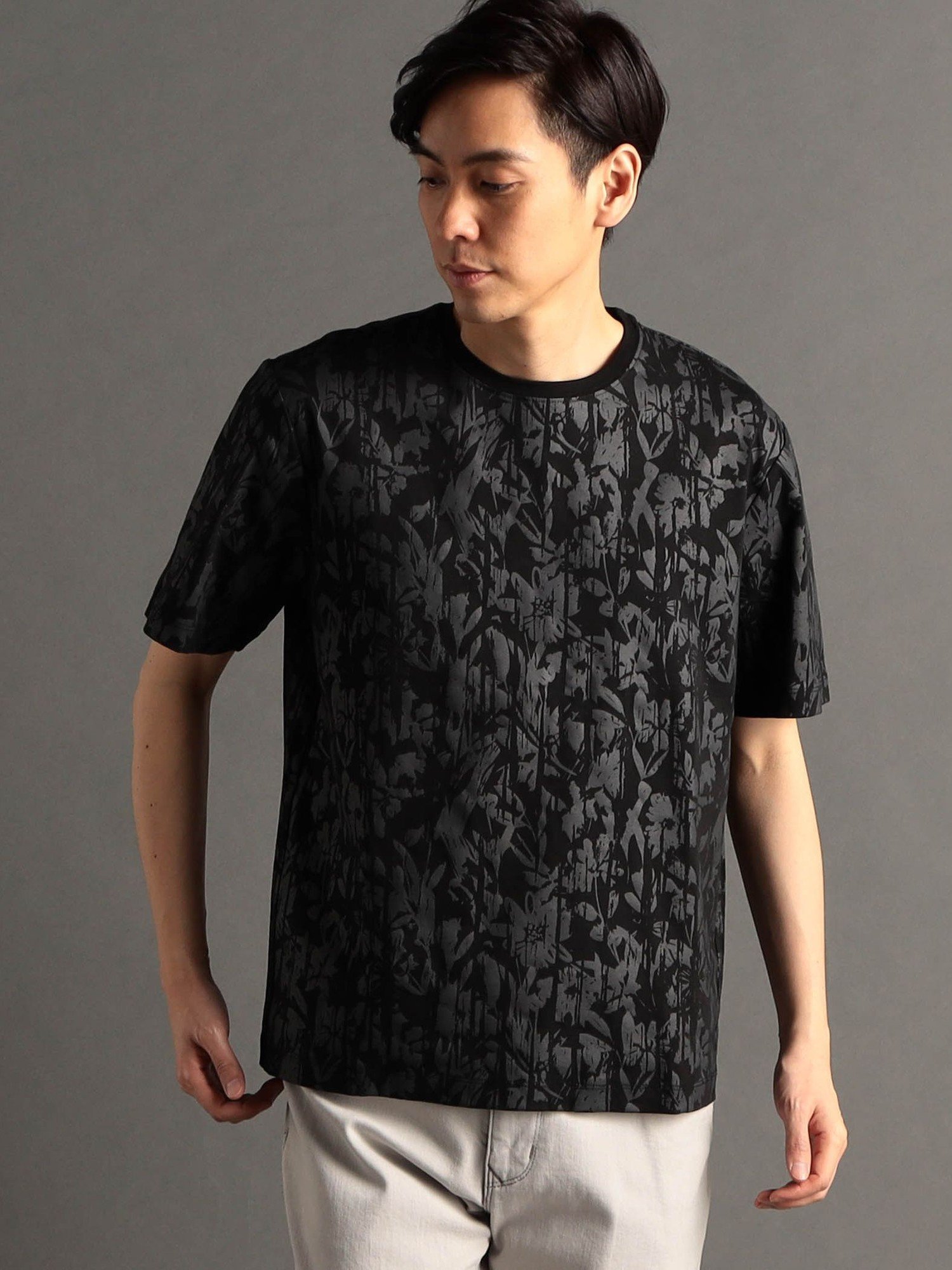 MONSIEUR NICOLE ボタニカルプリント 半袖Tシャツ ニコル トップス カットソー・Tシャツ ブラック ホワイト