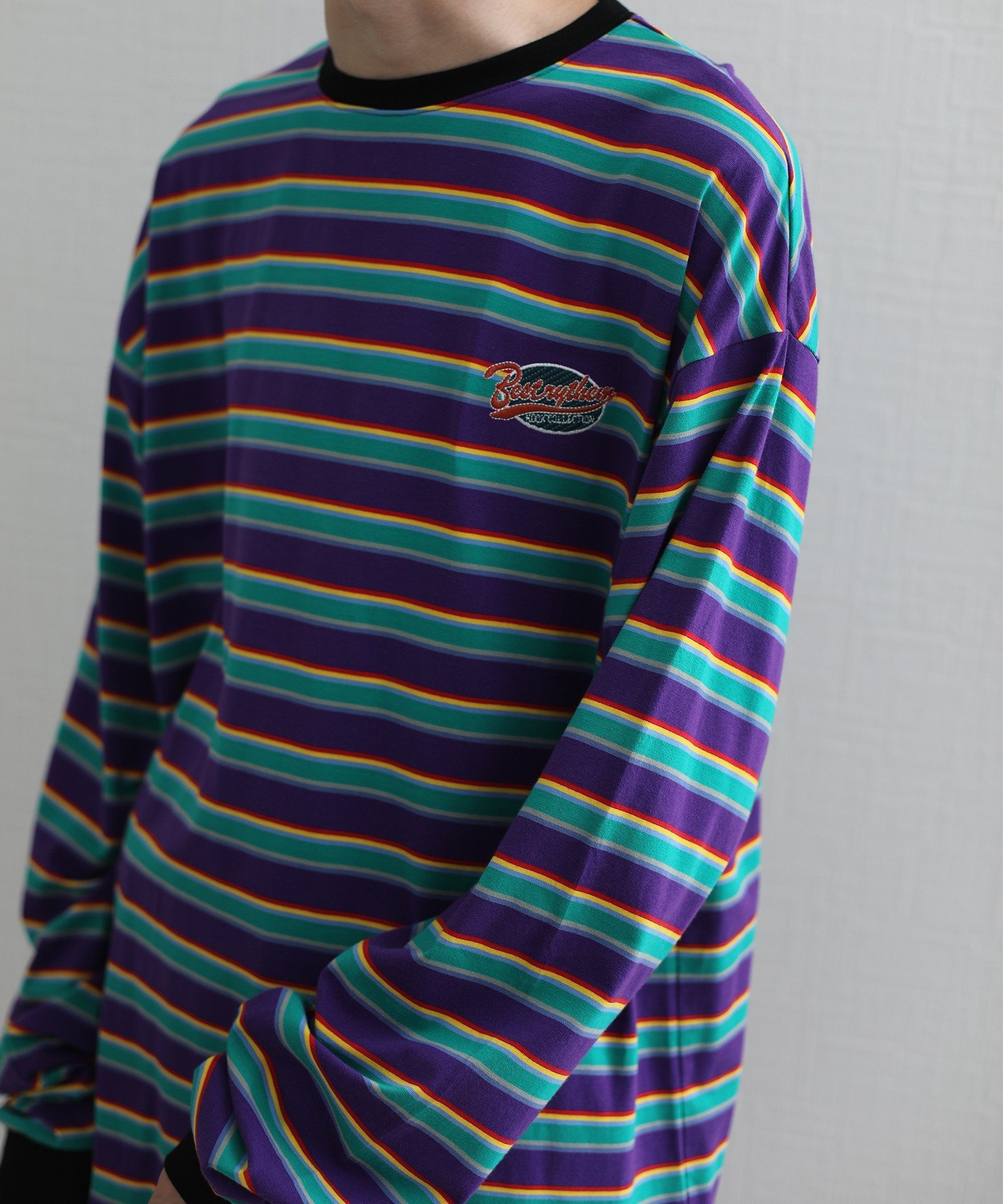 HOOK HOOK -original- アメカジワッペン刺繍配色ボーダーリンガーロングTEE アイモハ トップス カットソー・Tシャツ グリーン ピンク パープル ブラック ベージュ