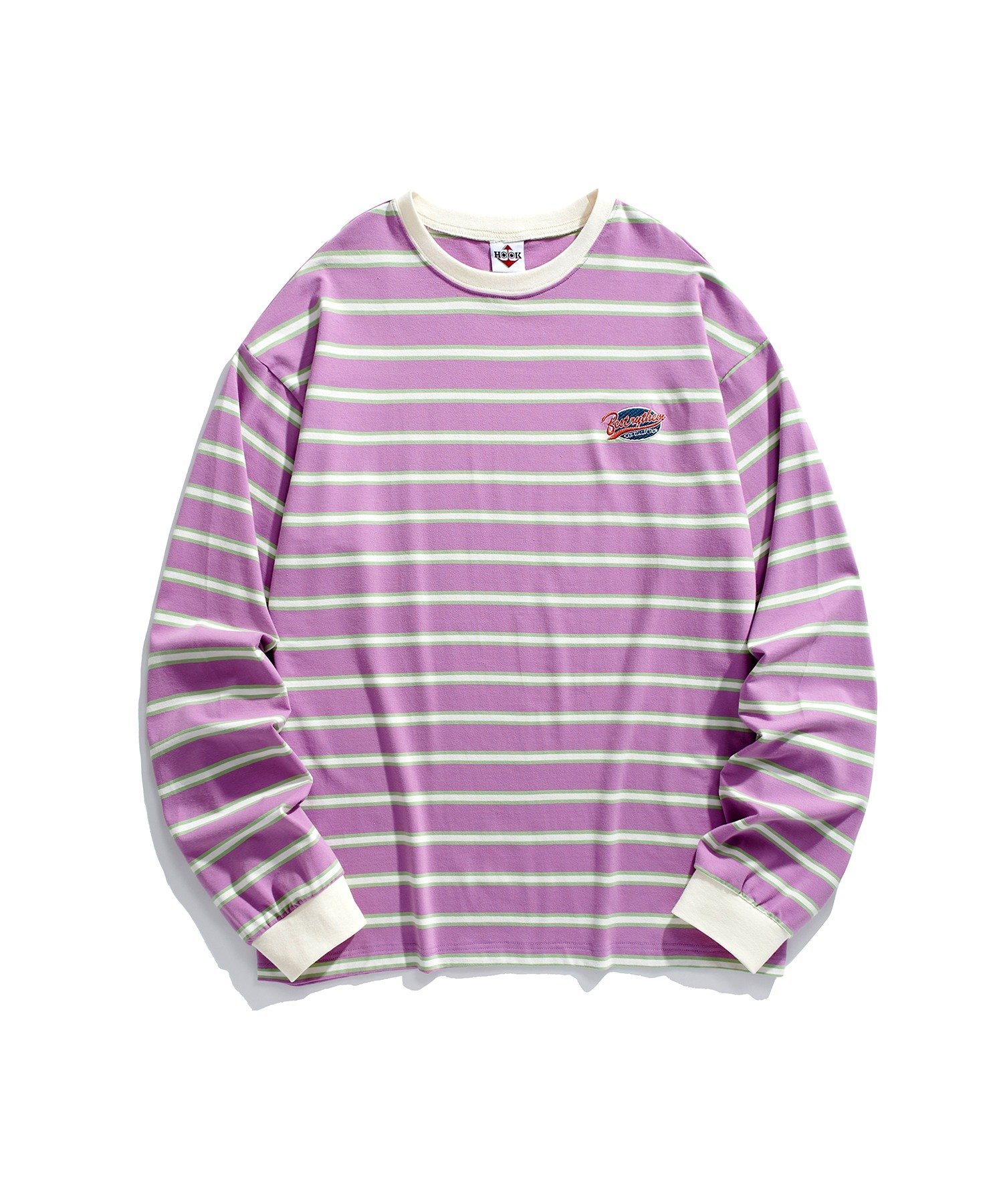 HOOK HOOK -original- アメカジワッペン刺繍配色ボーダーリンガーロングTEE アイモハ トップス カットソー・Tシャツ グリーン ピンク パープル ブラック ベージュ