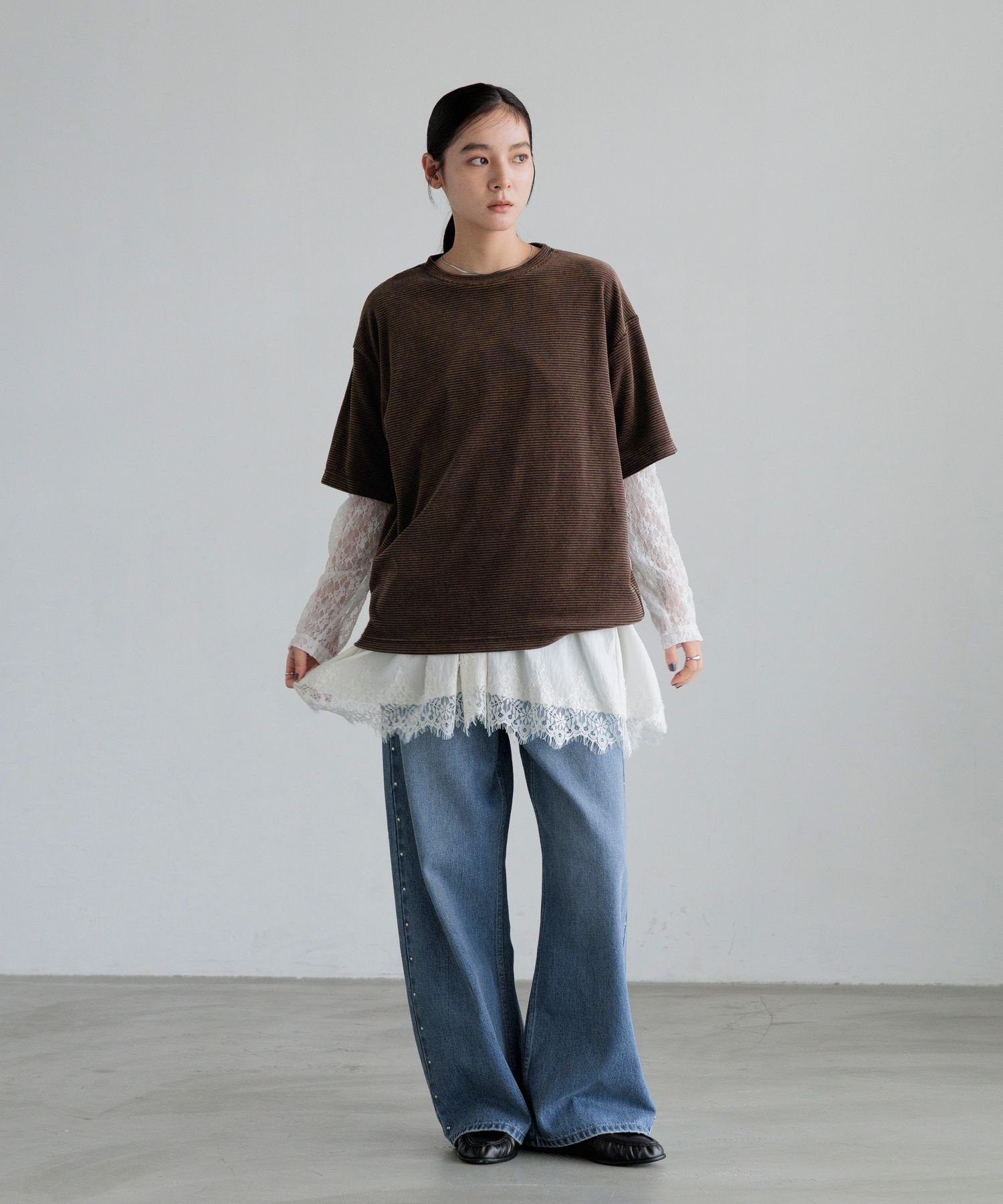 LOWRYS FARM ベロアレースレイヤードT ローリーズファーム トップス カットソー・Tシャツ グリーン グレー