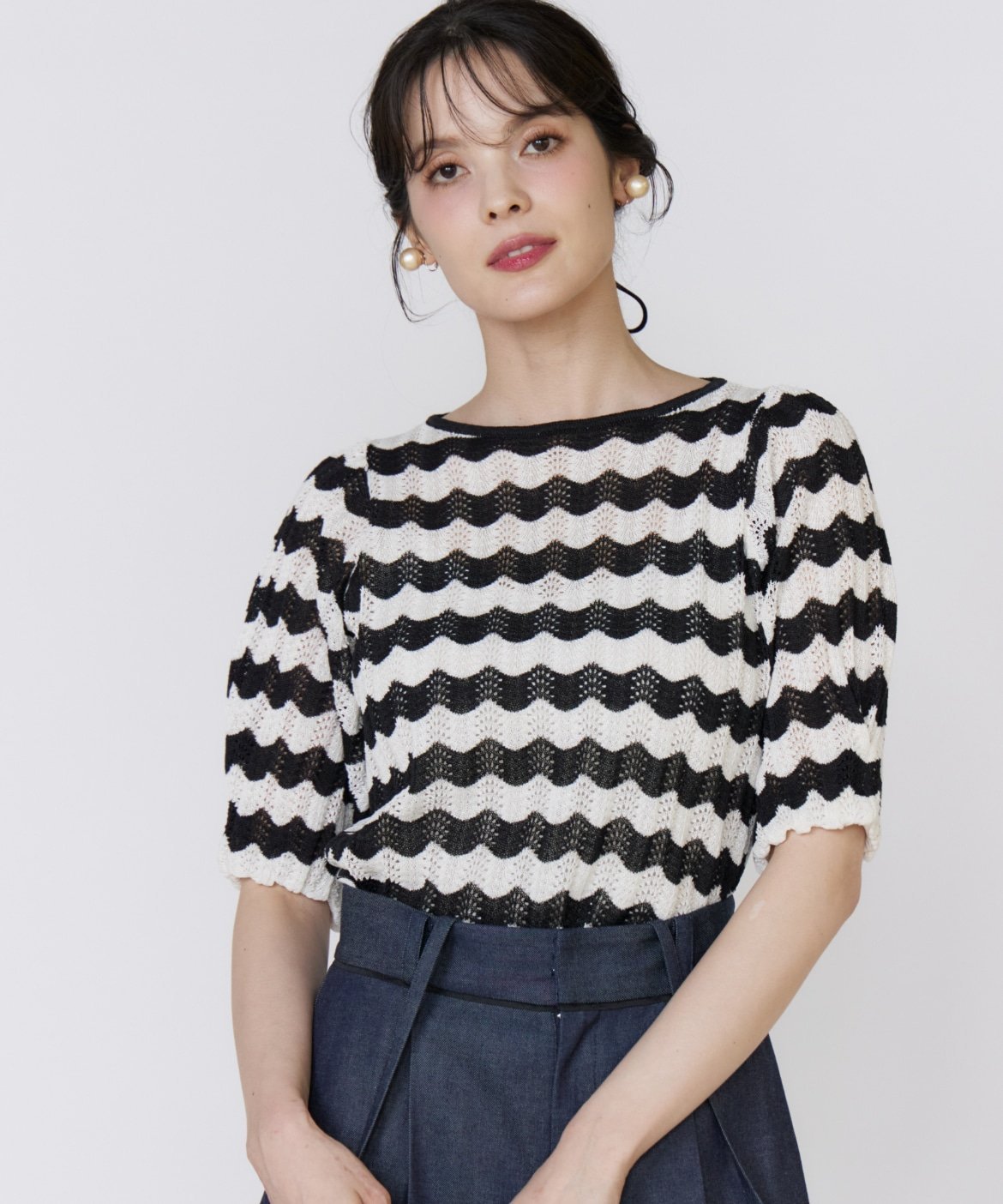 Maglie par ef-de 透かしボーダーニット マーリエ ル カセット トップス ニット ピンク ホワイト