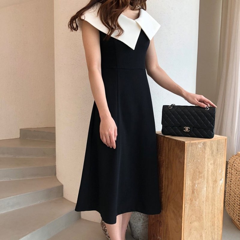 【SALE／25%OFF】COCOMOMO ノースリーブワンピース ビッグカラー 韓国ファッション きれいめ レディース ココモモ ワンピース・ドレス ワンピース ブラック【送料無料】