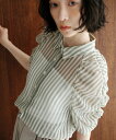 EMMEL REFINES <EMMEL REFINES>EM シアーストライプ ソデギャザー ブラウス ユナイテッドアローズ グリーンレーベルリラクシング トップス シャツ・ブラウス グレー ブルー【送料無料】