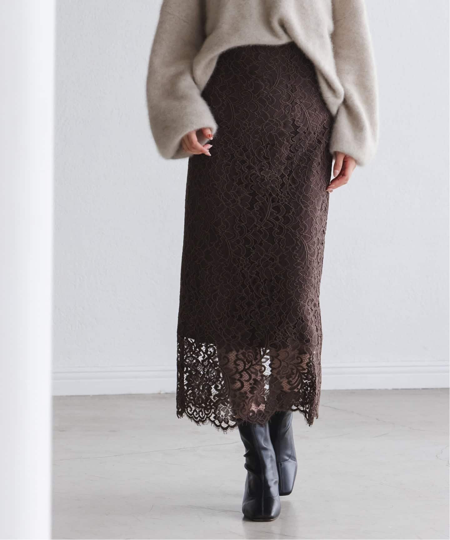 NOBLE 《追加 / WEB+一部店舗限定》リバーレースIラインスカート ノーブル スカート ロング・マキシスカート ブラック ブラウン【送料無料】のサムネイル